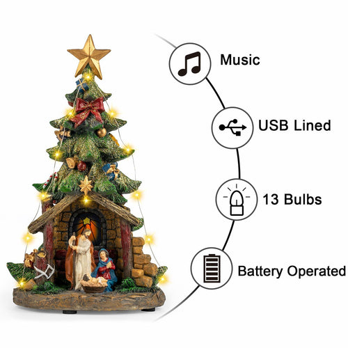 VISFLAIR 12'' Christmas Tree Lighted Manger Nativity Scene, Musical Holy Family