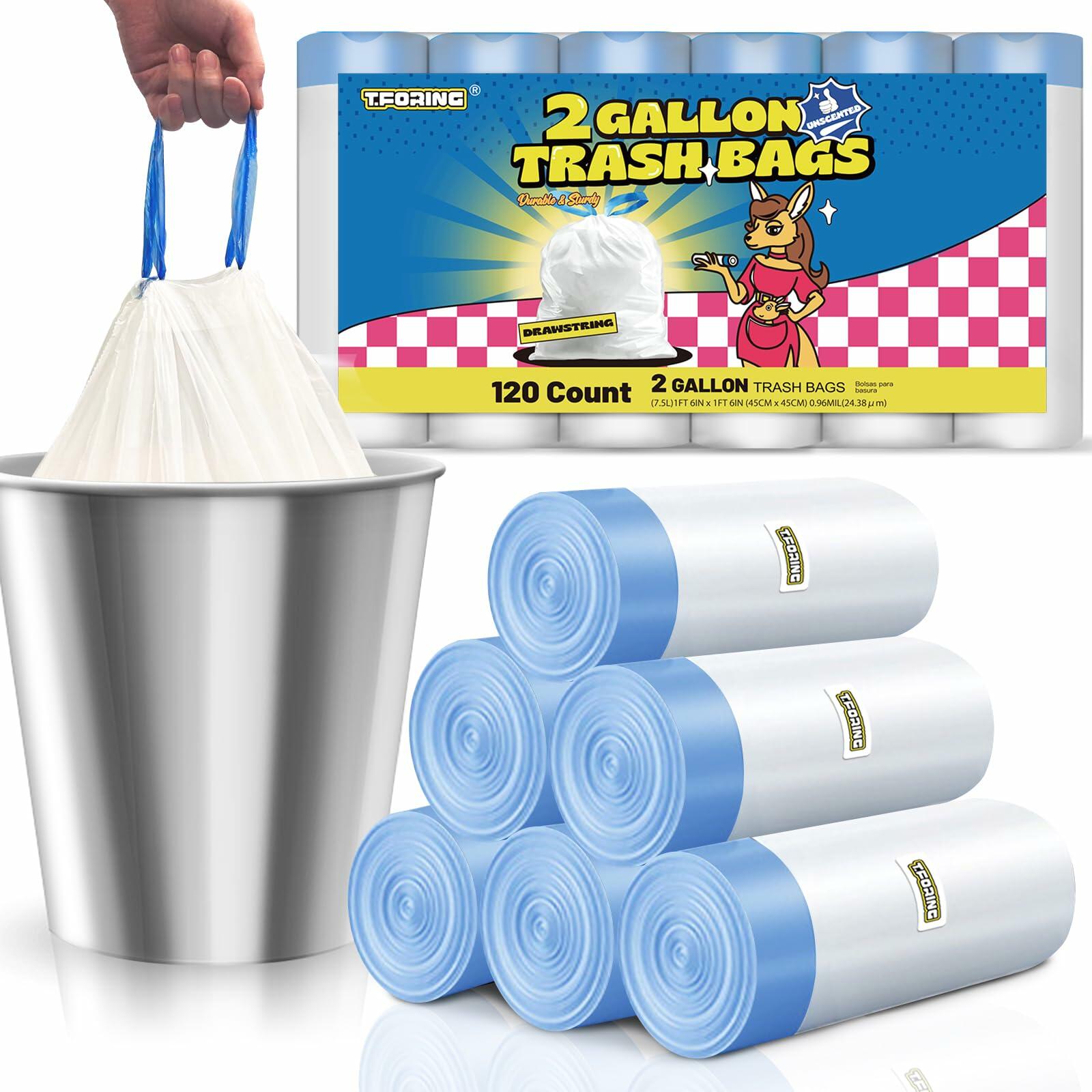 120 Count T.FORING 2 Gallon Trash Bags Drawstring 0.96 Mil  Small Garbage Ba...