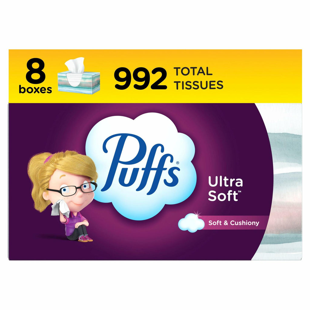 8 Family Boxes Puffs Ultra Soft Non-Lotion Facial Tissue, 124 Facial Tissues per