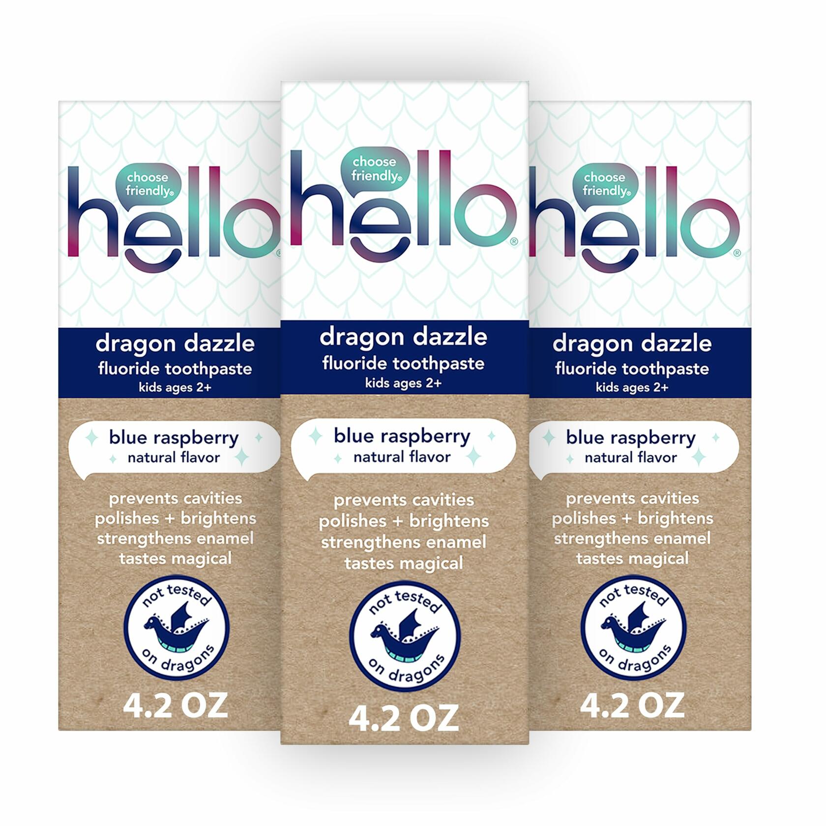 Pack of 3 hello Dragon Dazzle Blue Raspberry Kids Toothpaste, Fluoride