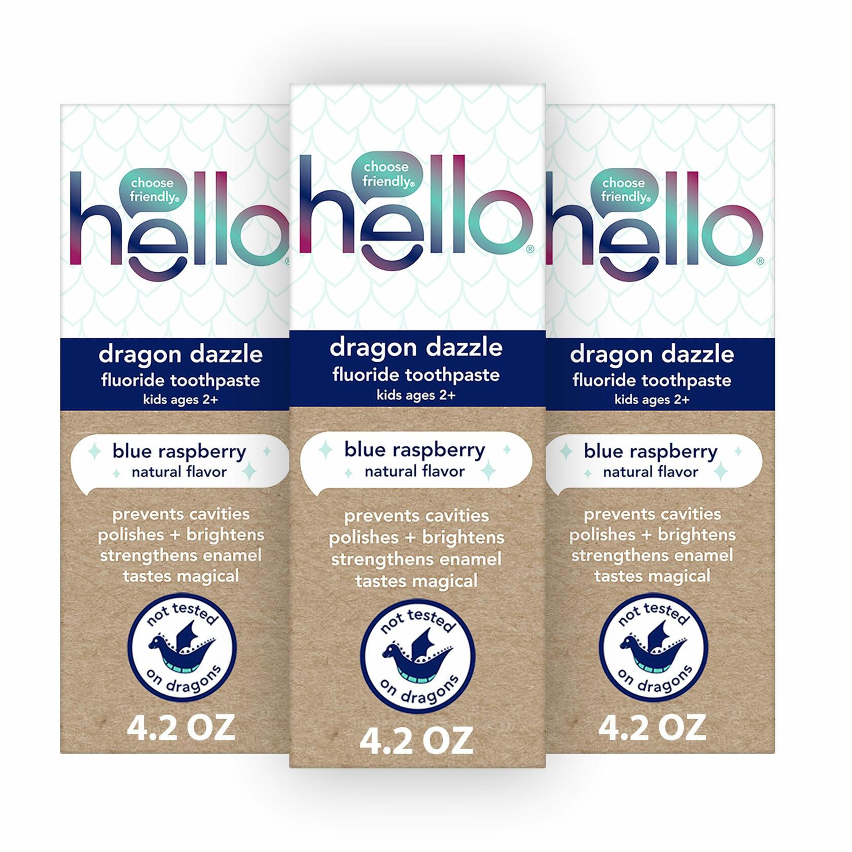 Pack of 3 hello Dragon Dazzle Blue Raspberry Kids Toothpaste, Fluoride