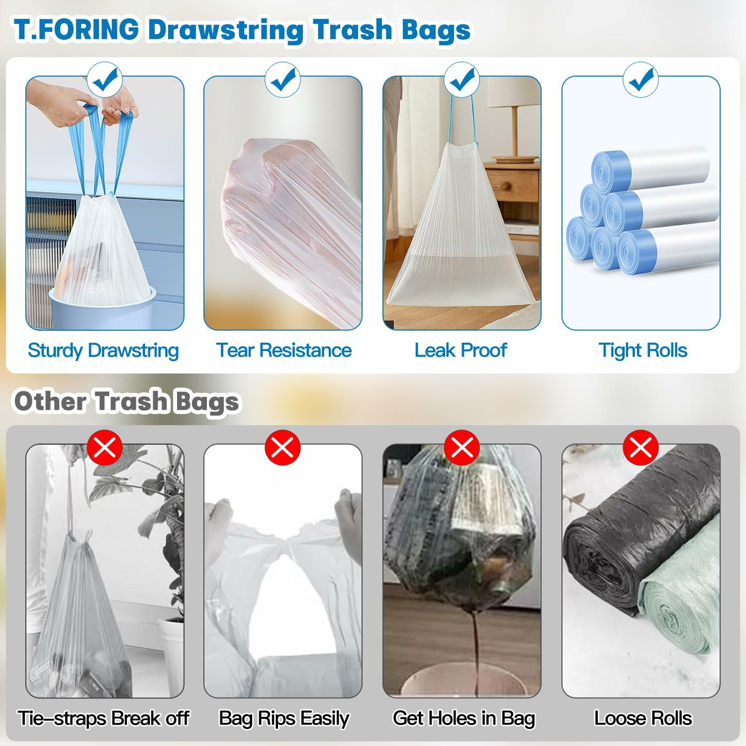 120 Count T.FORING 2 Gallon Trash Bags Drawstring 0.96 Mil  Small Garbage Ba...