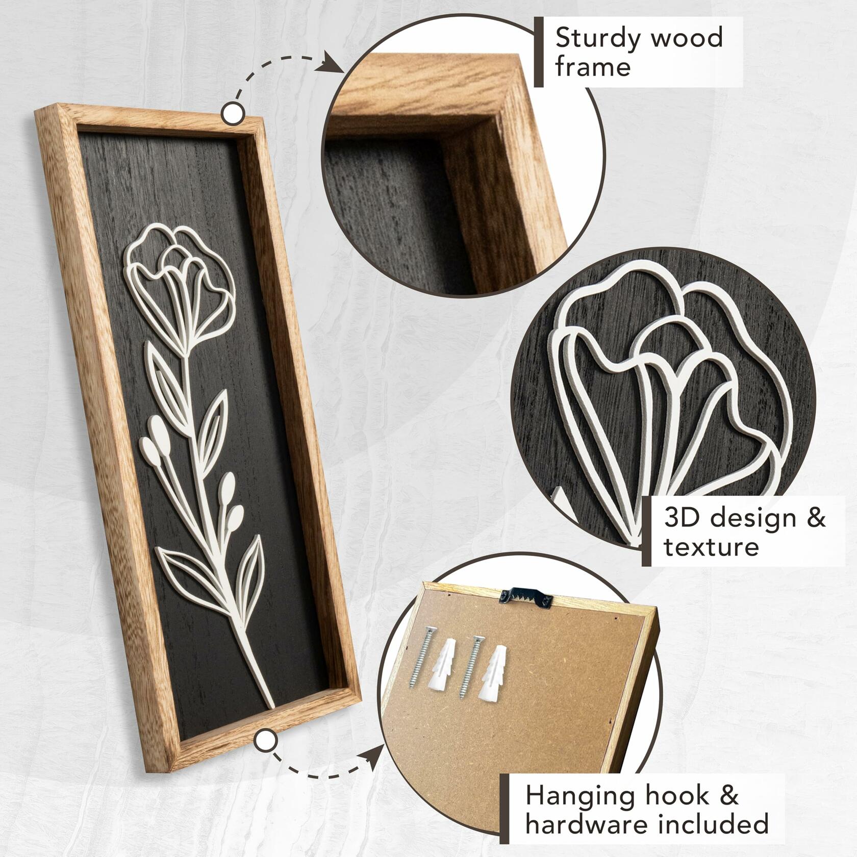 3D Vintage Black Living Room Decor (Set of 2) Lightweight, Wooden Ready-to-Hang