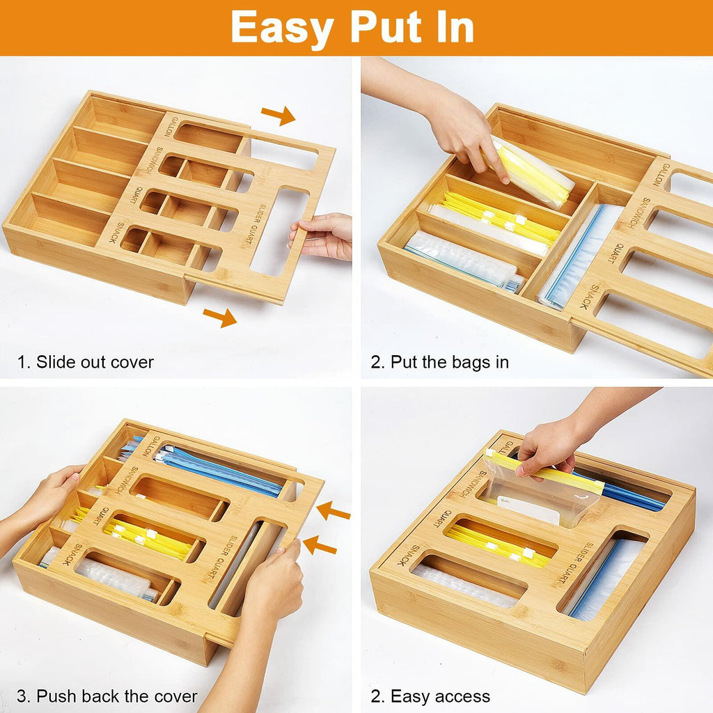 DUJEN Plastic Bag Organizer for Drawer, Bamboo Food Storage Bags Container