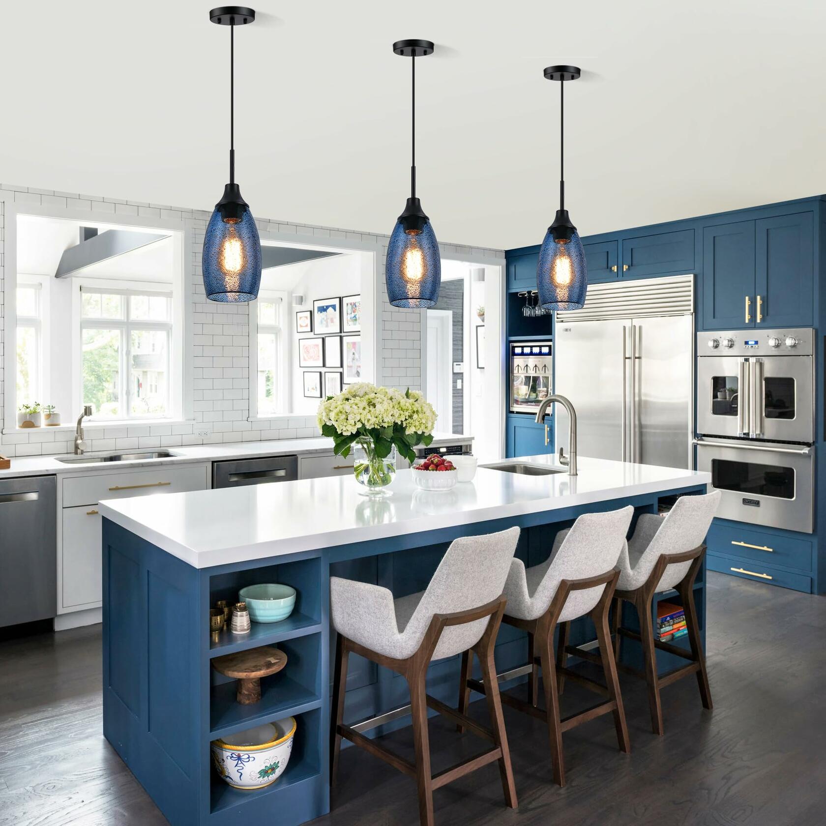 1 PACK Viinew Mini Glass Pendant Light Handblown Clear Dark Blue Seeded Glass