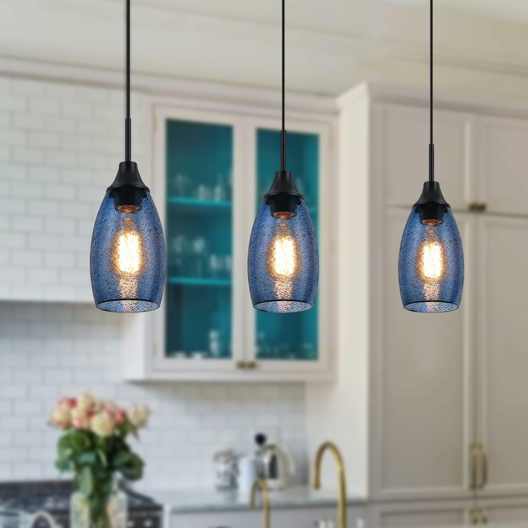 1 PACK Viinew Mini Glass Pendant Light Handblown Clear Dark Blue Seeded Glass