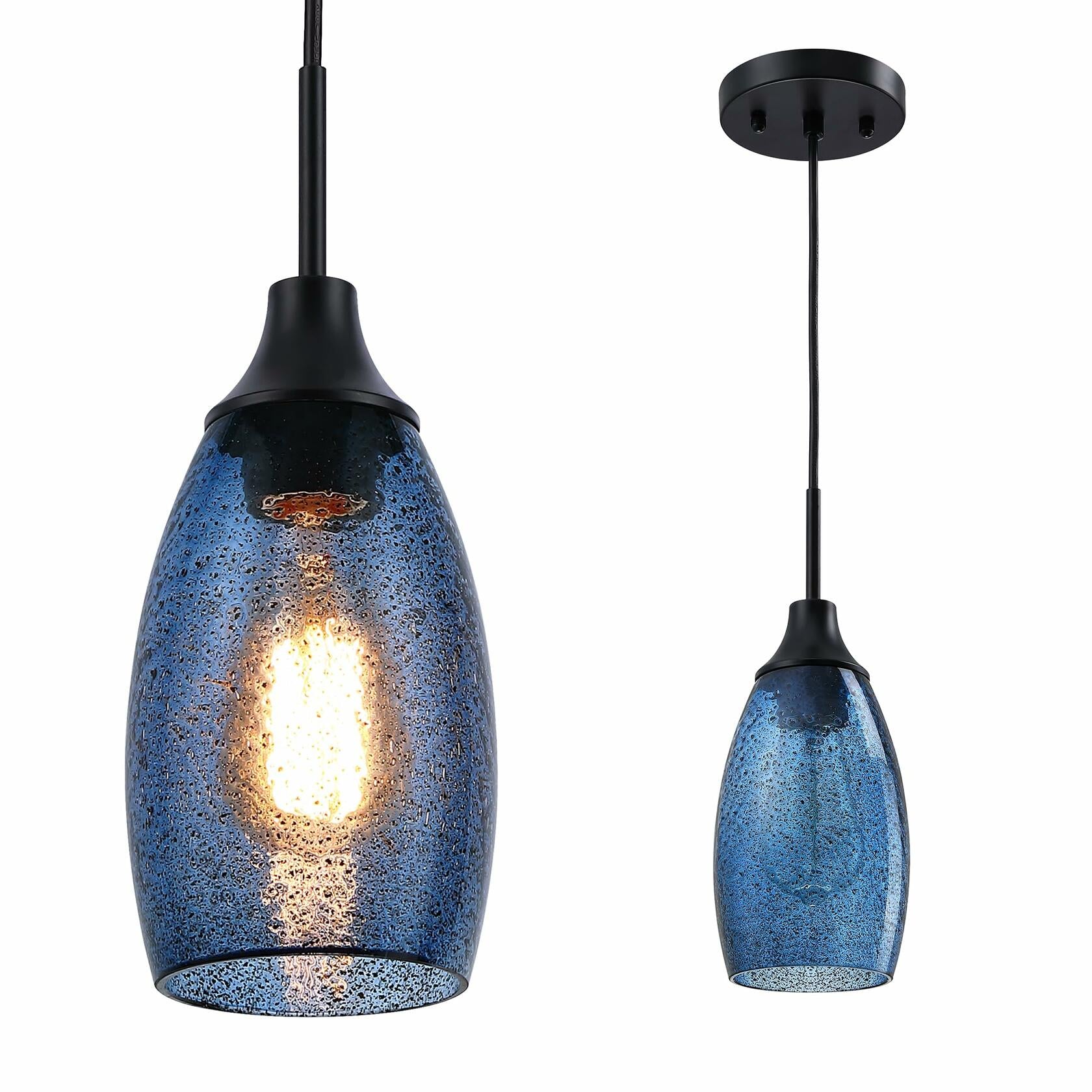 1 PACK Viinew Mini Glass Pendant Light Handblown Clear Dark Blue Seeded Glass