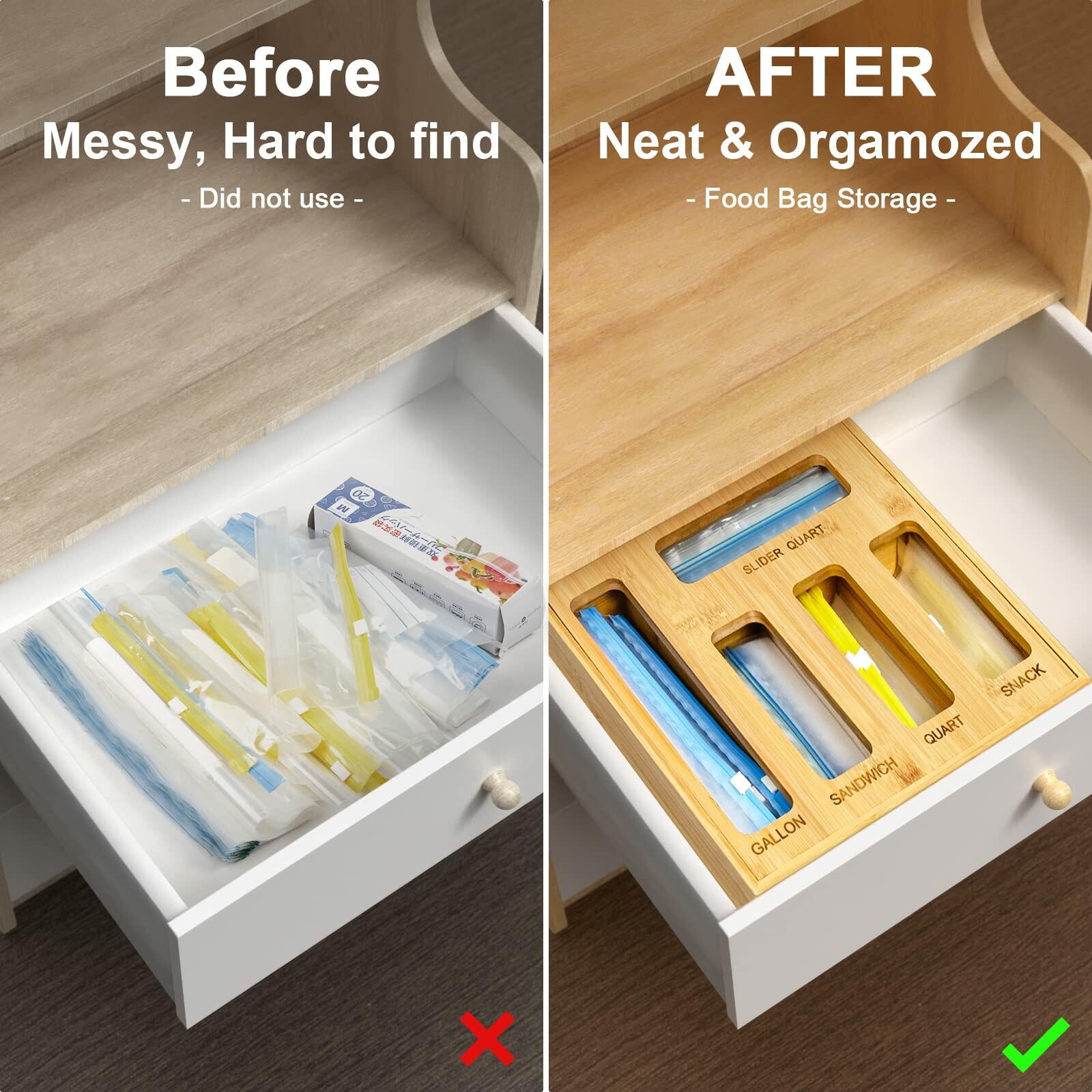 DUJEN Plastic Bag Organizer for Drawer, Bamboo Food Storage Bags Container