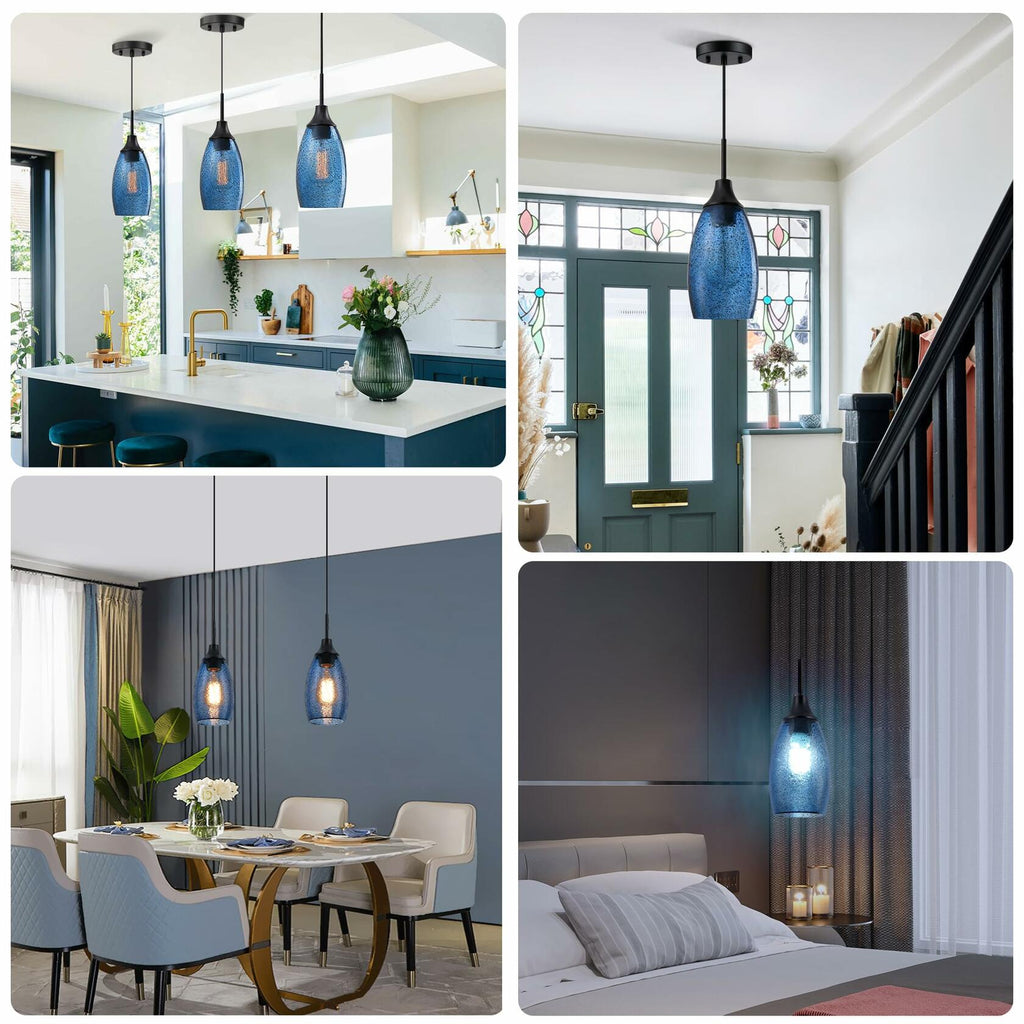 1 PACK Viinew Mini Glass Pendant Light Handblown Clear Dark Blue Seeded Glass