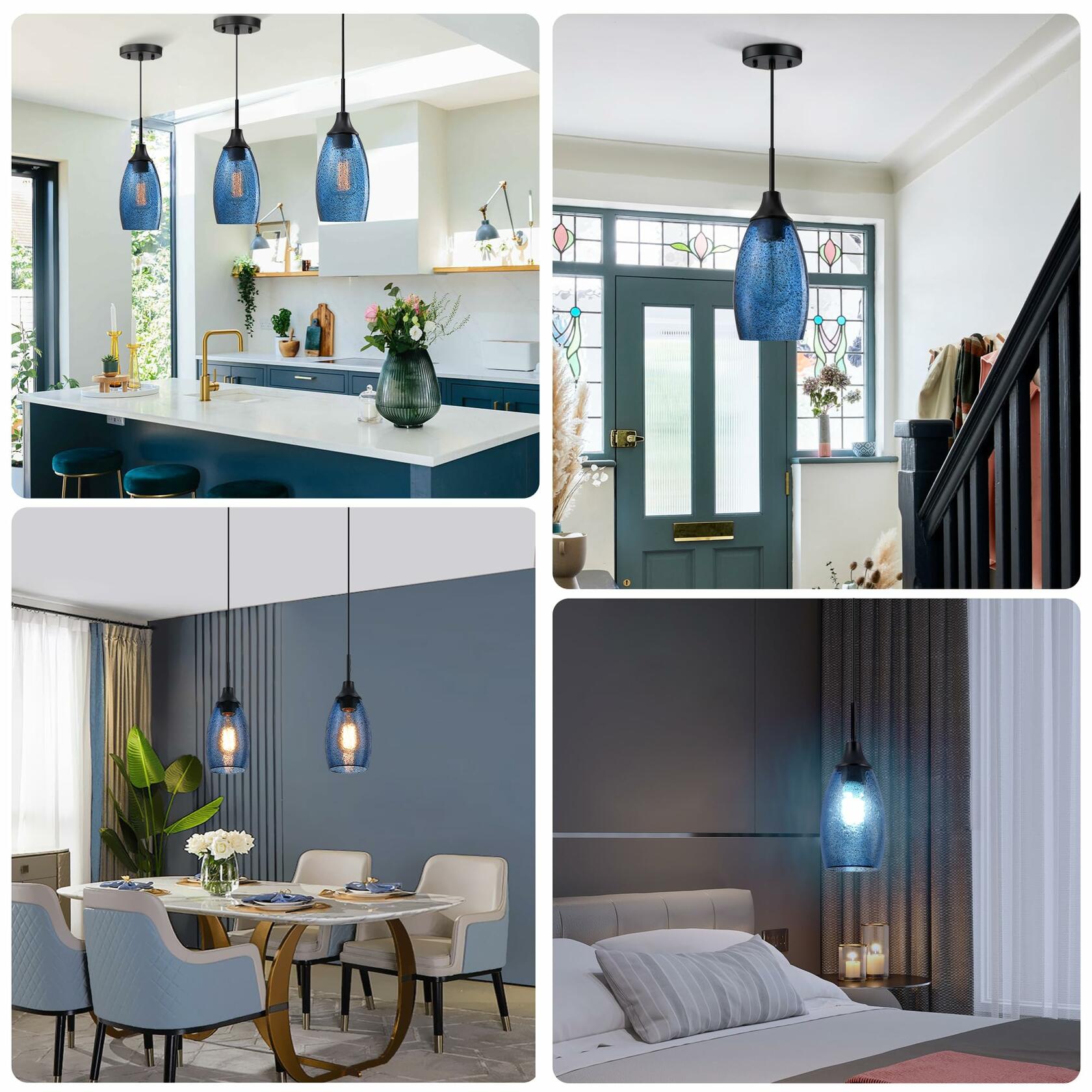 1 PACK Viinew Mini Glass Pendant Light Handblown Clear Dark Blue Seeded Glass