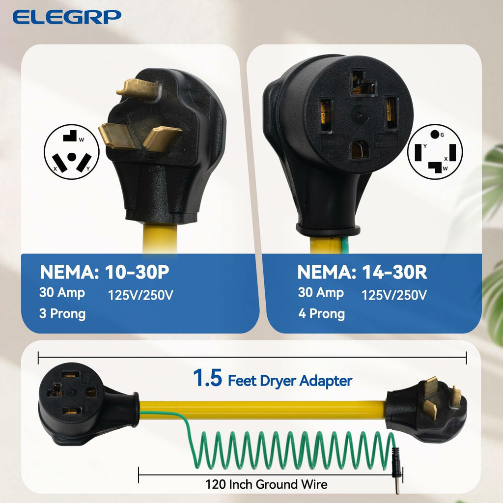 ELEGRP 1.5FT Dryer Adapter Cord NEMA 10-30P to 14-30R, 3 Prong Old House to 4