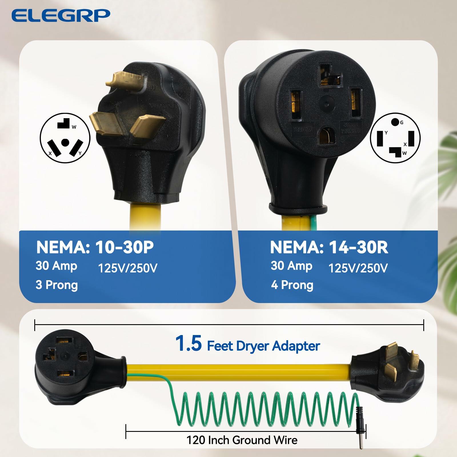 ELEGRP 1.5FT Dryer Adapter Cord NEMA 10-30P to 14-30R, 3 Prong Old House to 4