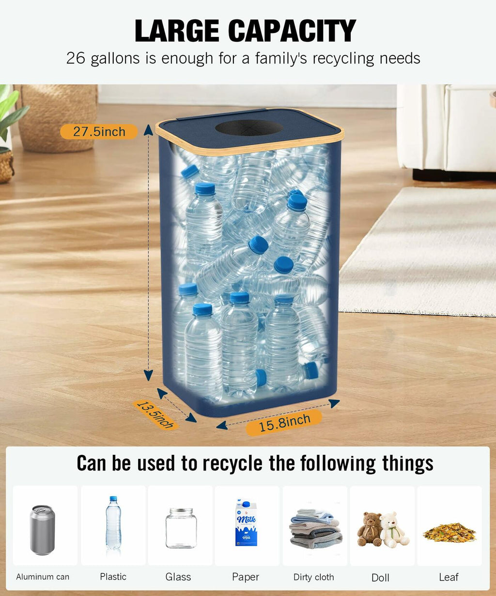 Blue Recycling Bins for Kitchen 26 Gallon (100L) Recycle Bin with lid, Indoor