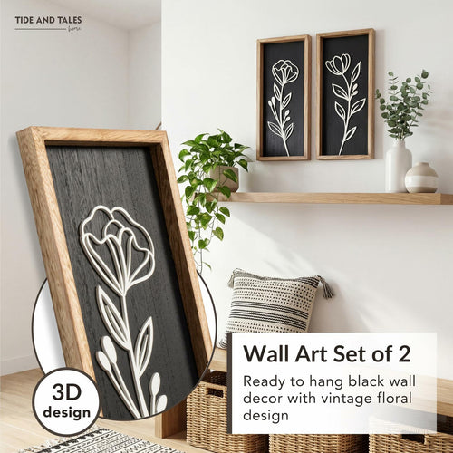 3D Vintage Black Living Room Decor (Set of 2) Lightweight, Wooden Ready-to-Hang