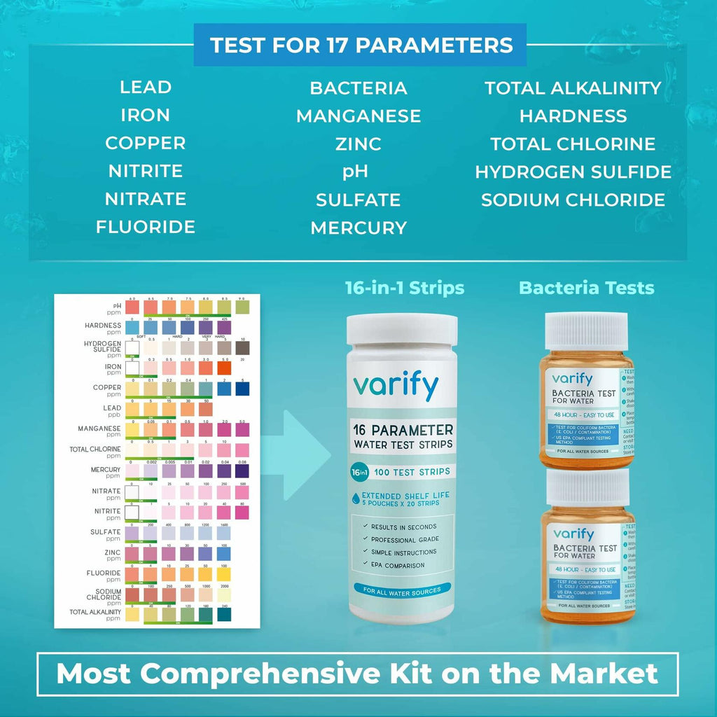 Varify 17in1 Complete Drinking Water Test Kit - 100 Strips + 2 Bacteria Tester