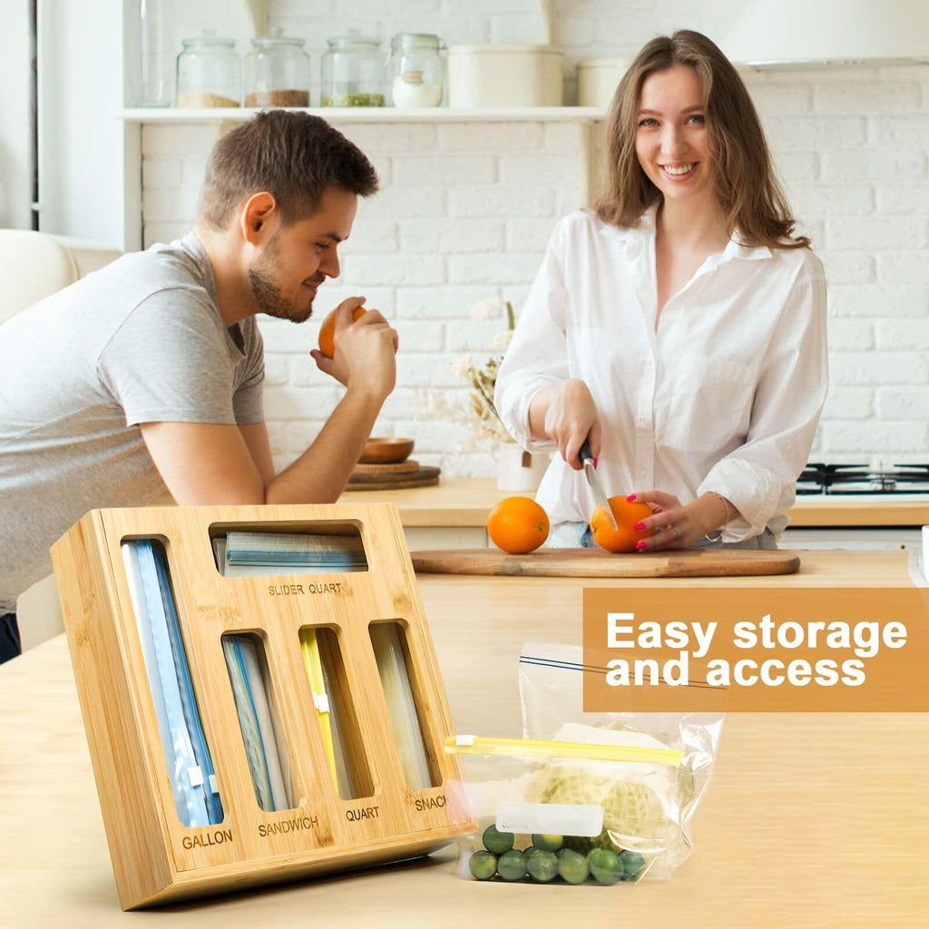 DUJEN Plastic Bag Organizer for Drawer, Bamboo Food Storage Bags Container