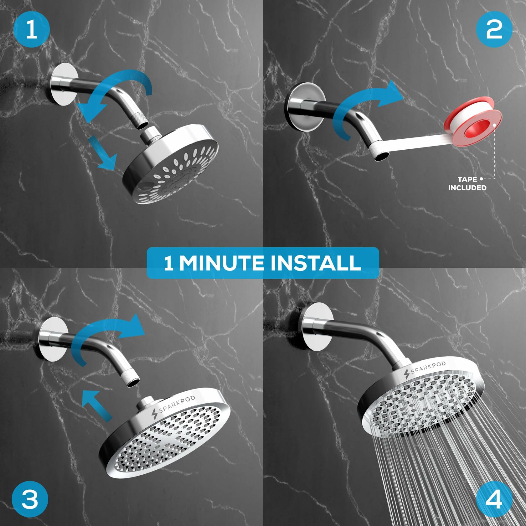 SparkPod Shower Head - High Pressure Rain - Premium Quality Luxury Design - Easy