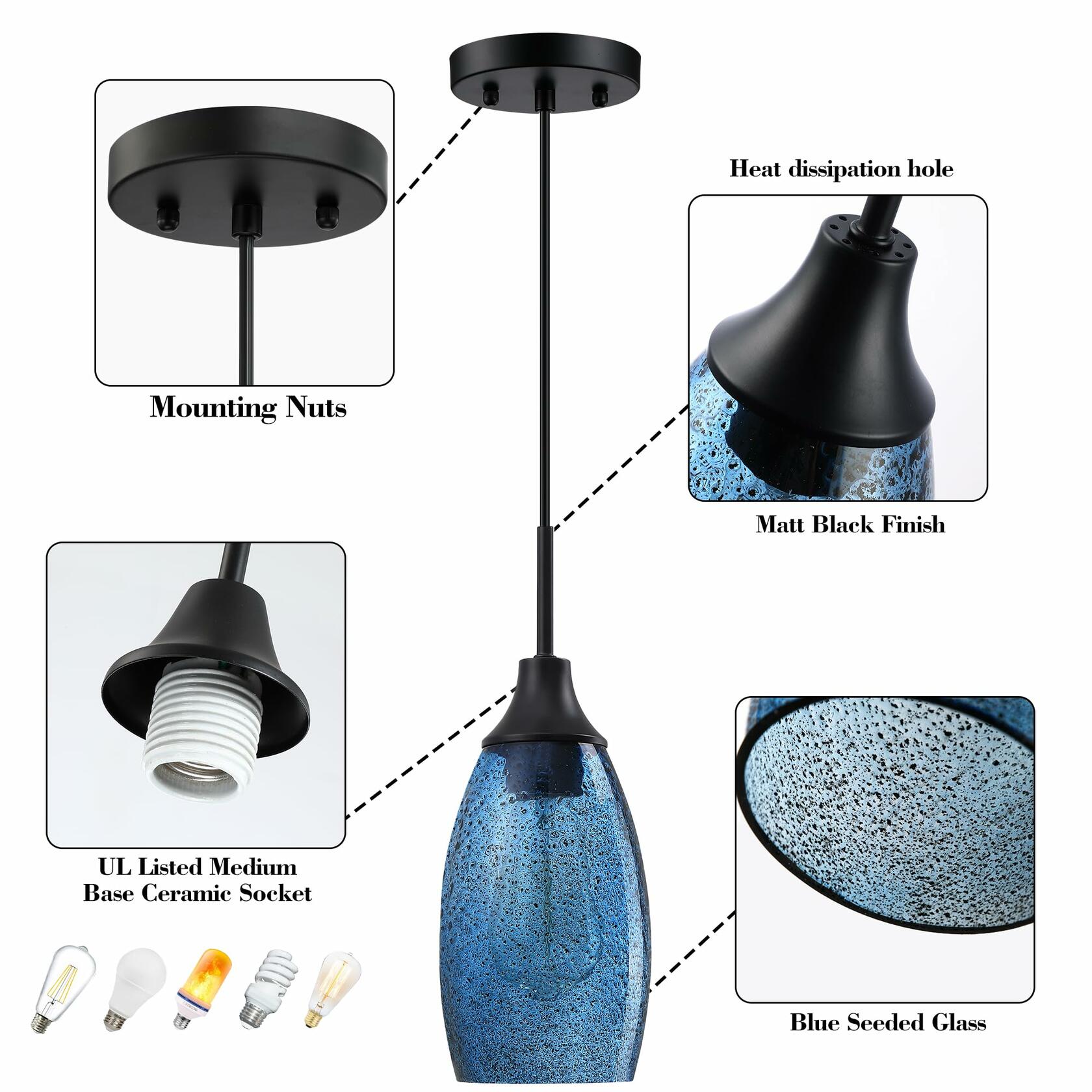 1 PACK Viinew Mini Glass Pendant Light Handblown Clear Dark Blue Seeded Glass