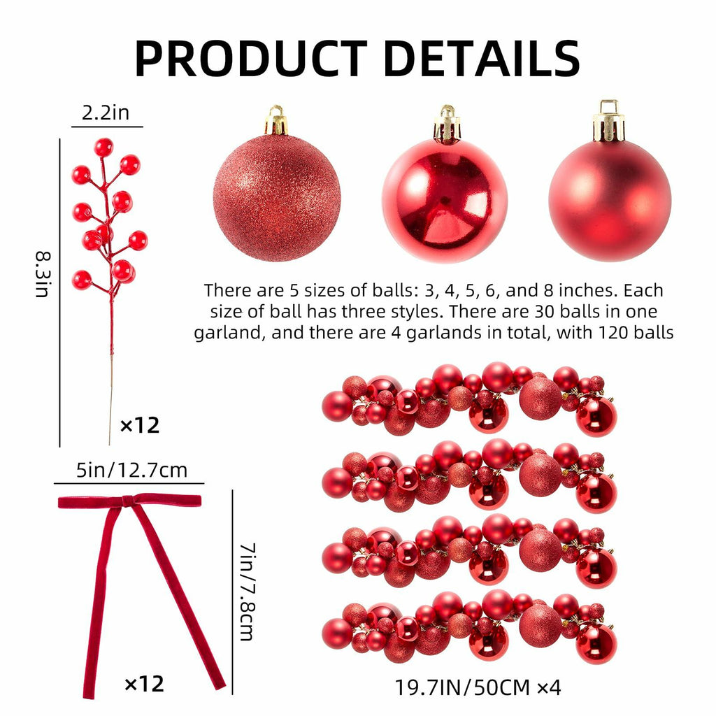 4 Pack 1.8 Feet Christmas Ball Garland Ornaments with 12 Velvet Bows and 12