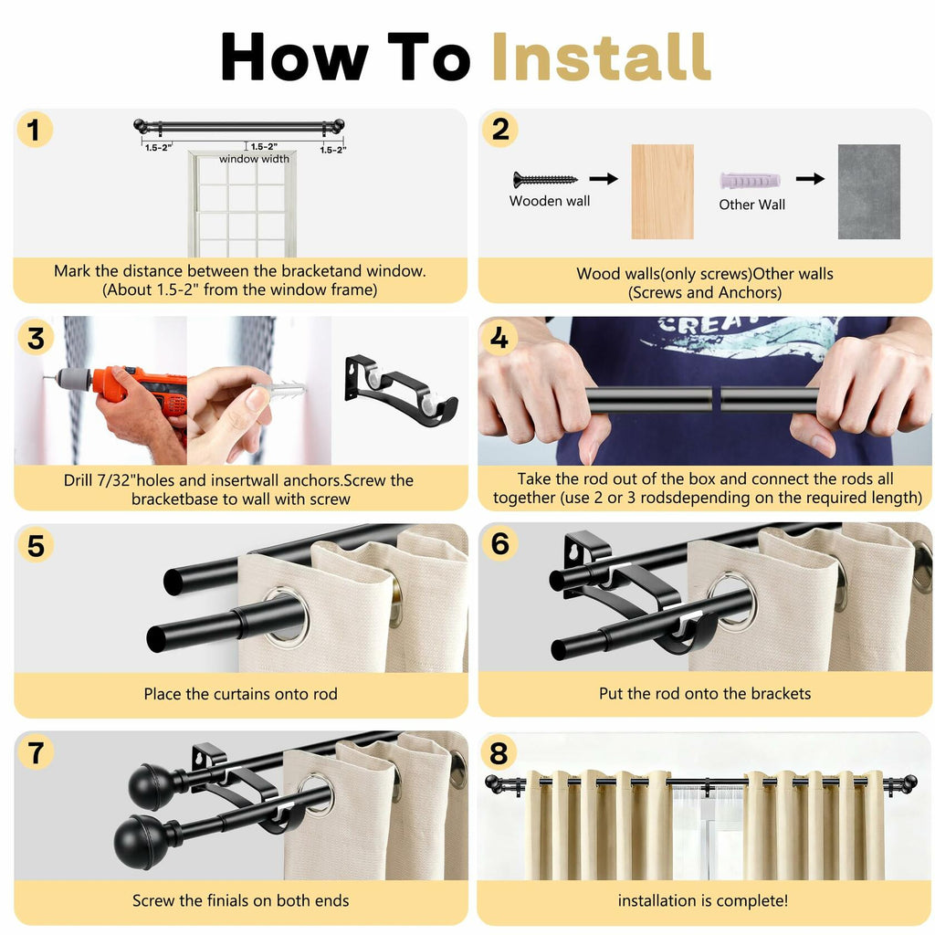 Adjustable Double Curtain Rods for Windows Set 30 to 57 Inch, Black Curtains Rod