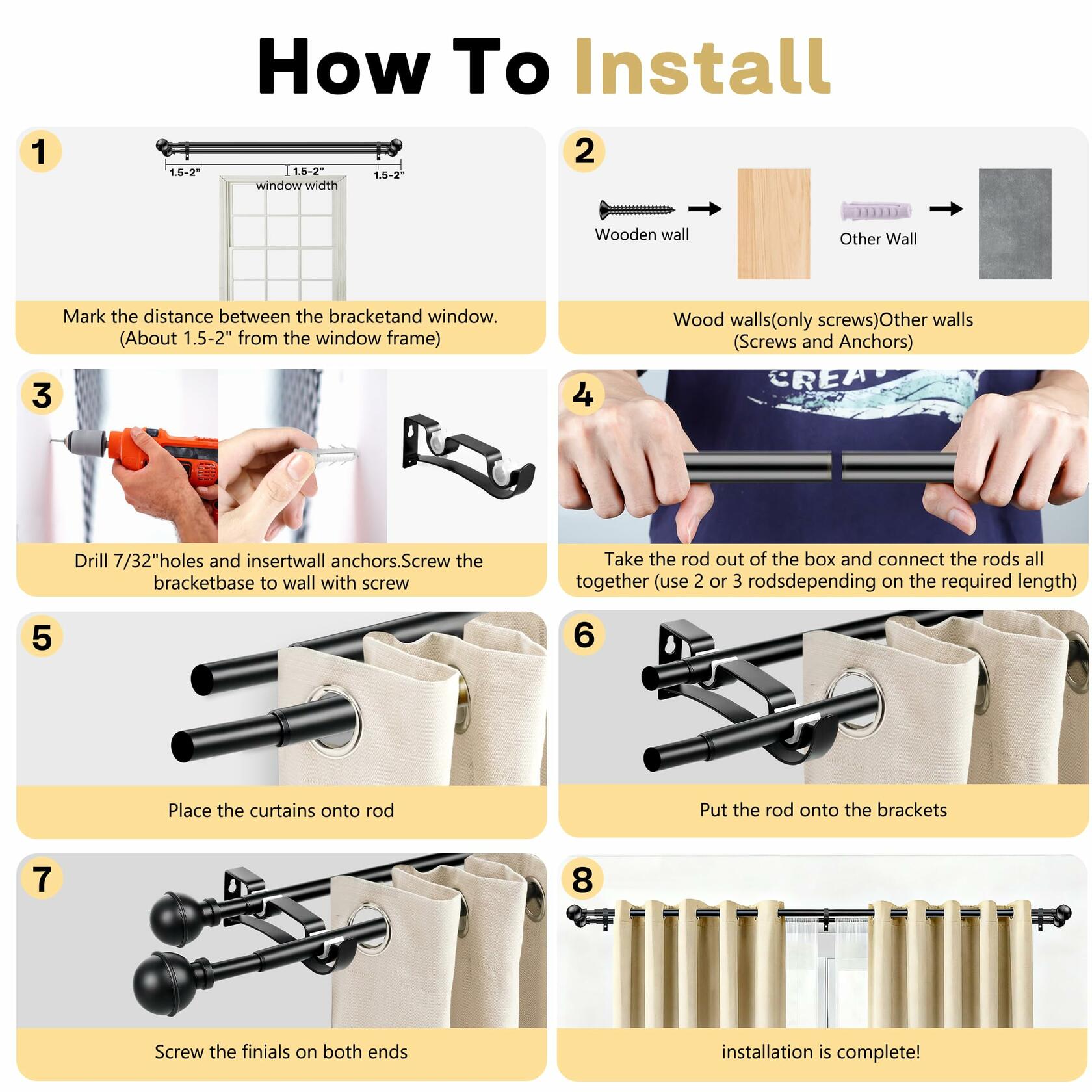 Adjustable Double Curtain Rods for Windows Set 30 to 57 Inch, Black Curtains Rod