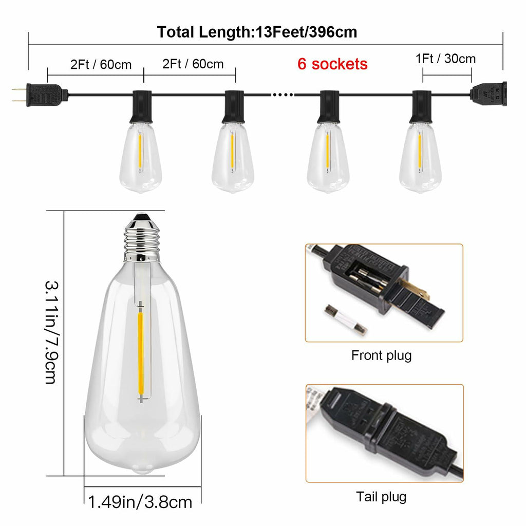 TAICORE Outdoor String Lights with ST38 Clear Globe Bulbs, Black Cord,