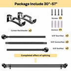 Adjustable Double Curtain Rods for Windows Set 30 to 57 Inch, Black Curtains Rod