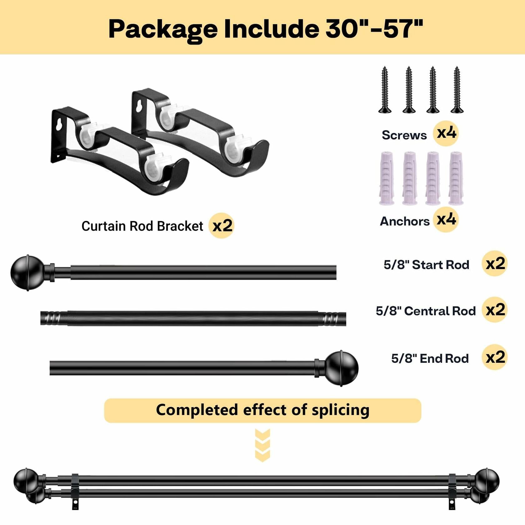 Adjustable Double Curtain Rods for Windows Set 30 to 57 Inch, Black Curtains Rod
