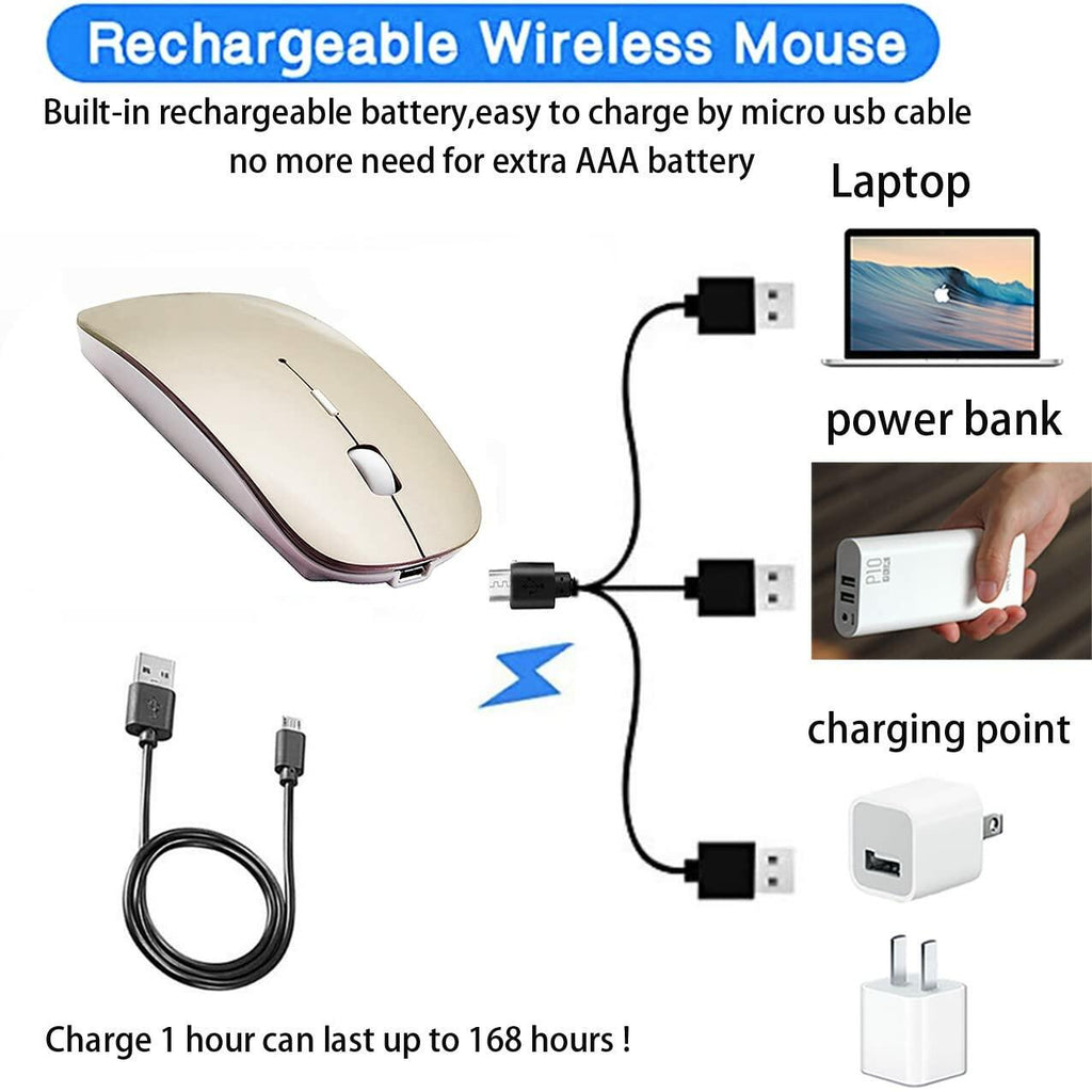 PeiBO Bluetooth 5.2 Wireless Mouse, Gold, Rechargeable, Ergonomic Design,