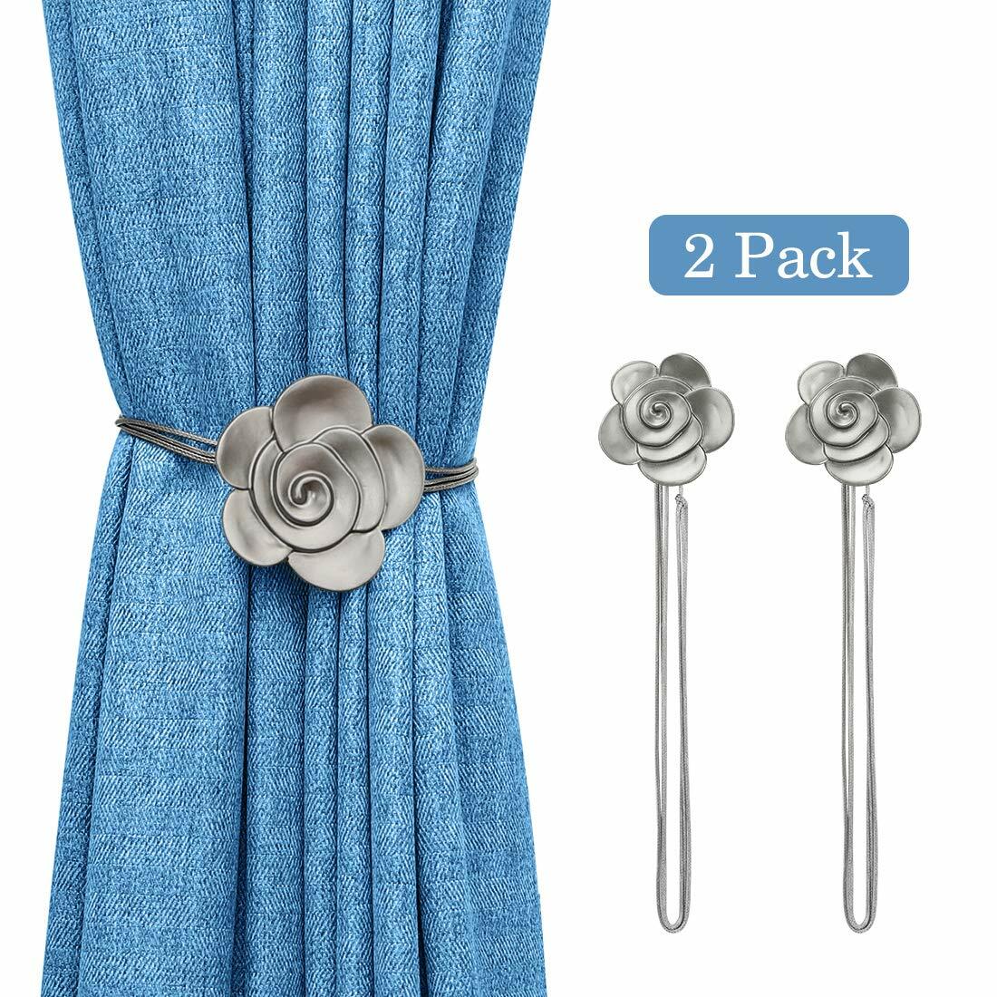 Lewondr Curtain Tie Magnetic, Vintage Resin Flower Curtain Holdback with Rope
