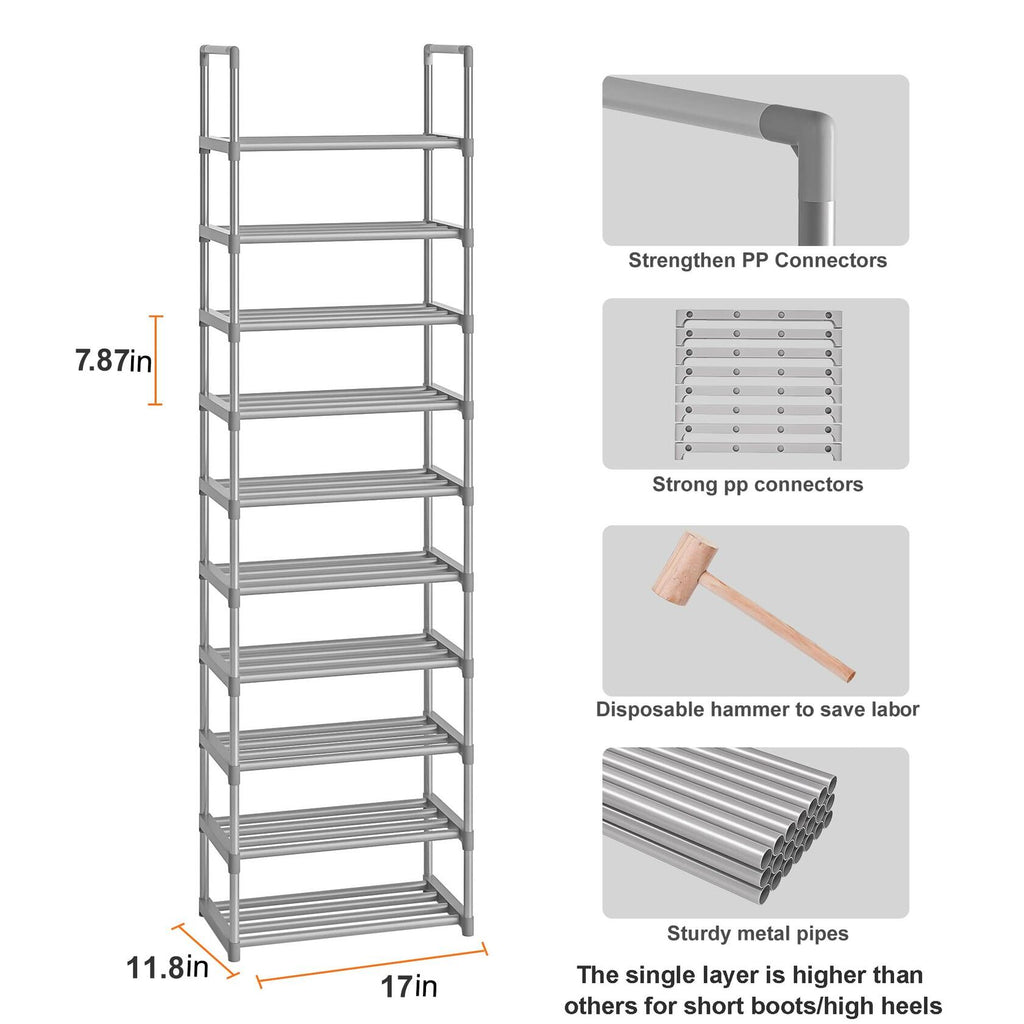 OYREL 10-Tier Metal Shoe Rack, Narrow Shoe Rack Organizer, Sturdy Shoe Shelf for