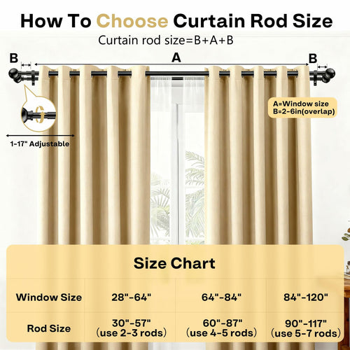 Adjustable Double Curtain Rods for Windows Set 30 to 57 Inch, Black Curtains Rod