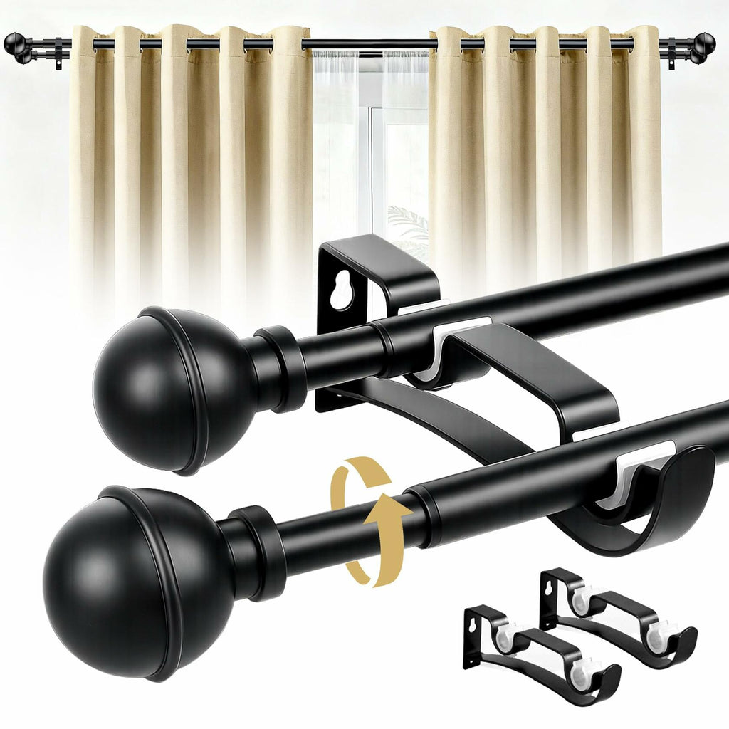 Adjustable Double Curtain Rods for Windows Set 30 to 57 Inch, Black Curtains Rod