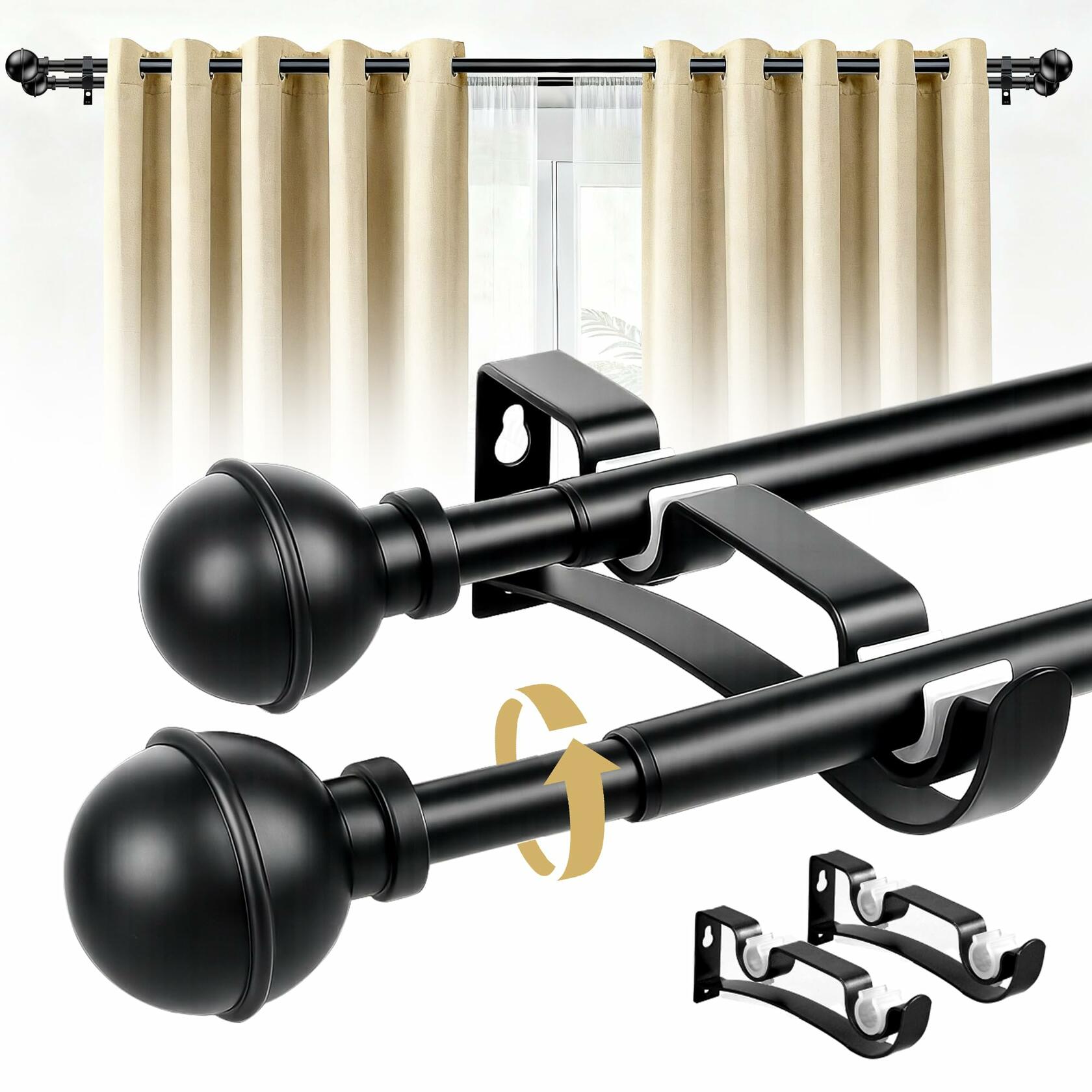 Adjustable Double Curtain Rods for Windows Set 30 to 57 Inch, Black Curtains Rod