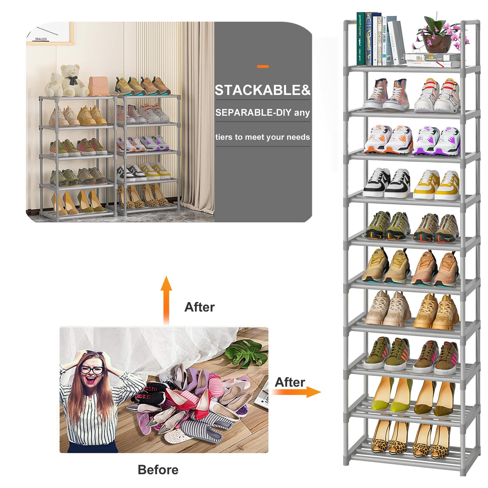 OYREL 10-Tier Metal Shoe Rack, Narrow Shoe Rack Organizer, Sturdy Shoe Shelf for