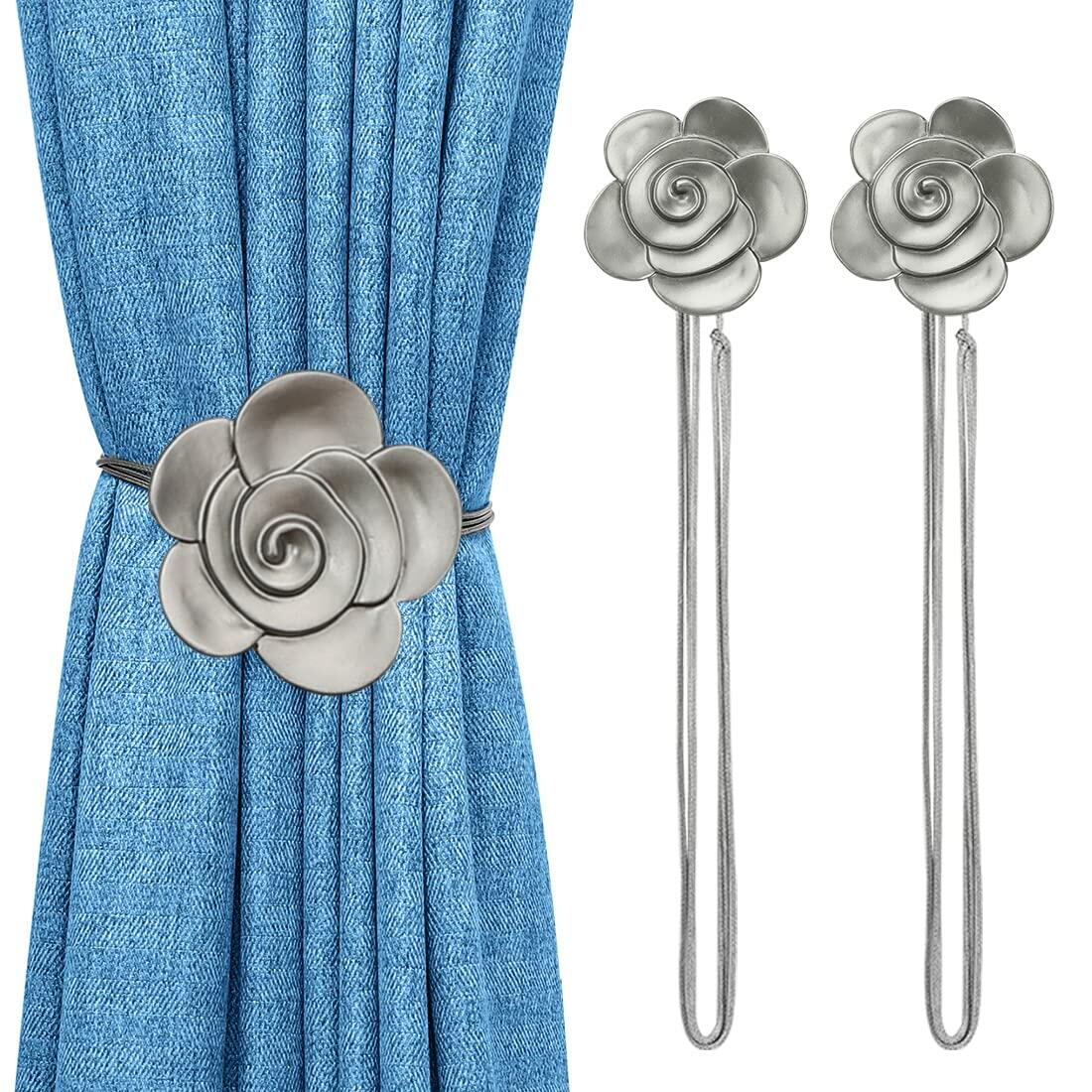 Lewondr Curtain Tie Magnetic, Vintage Resin Flower Curtain Holdback with Rope