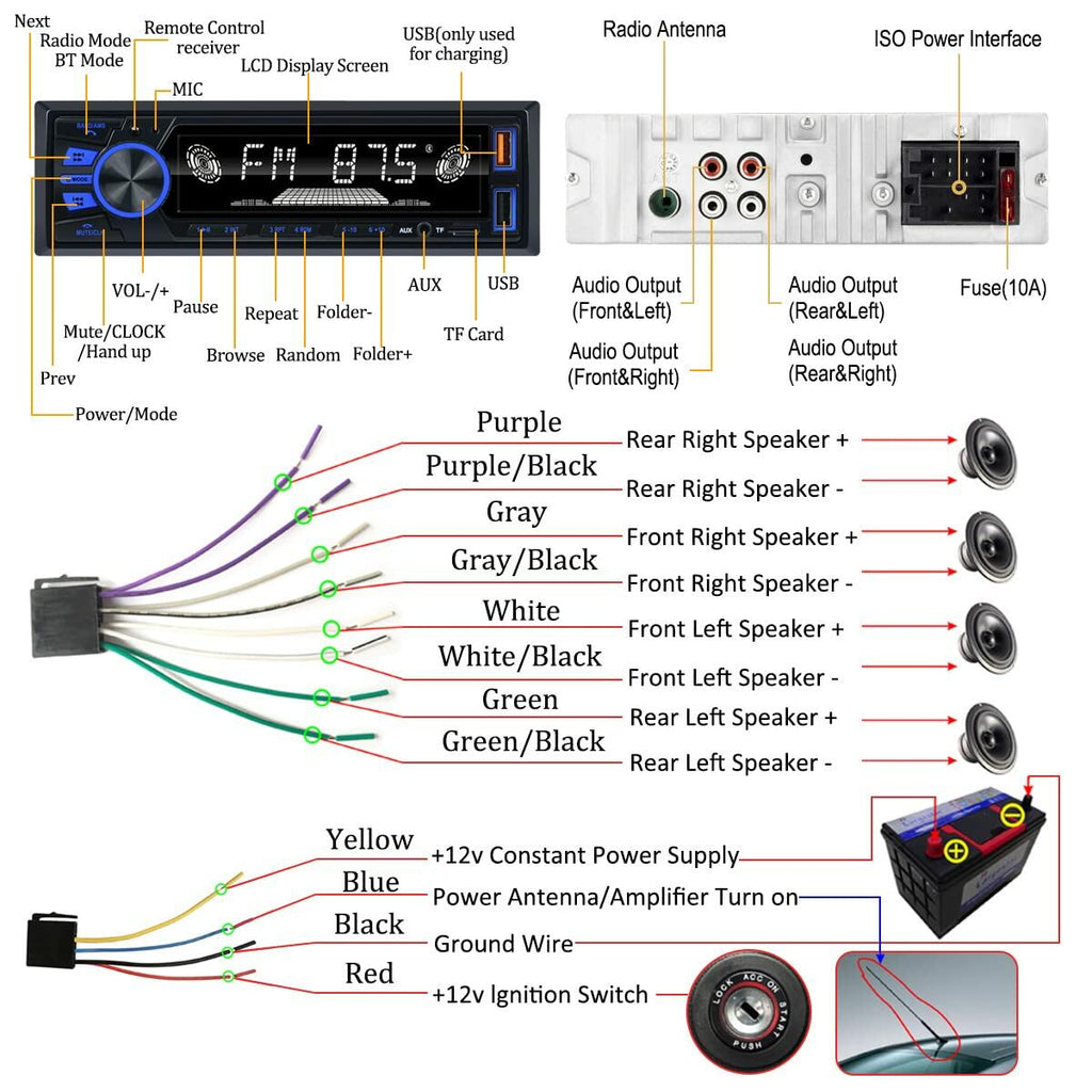Car Radio Bluetooth Single DIN Car Stereo Audio, Car Audio with Handsfree and