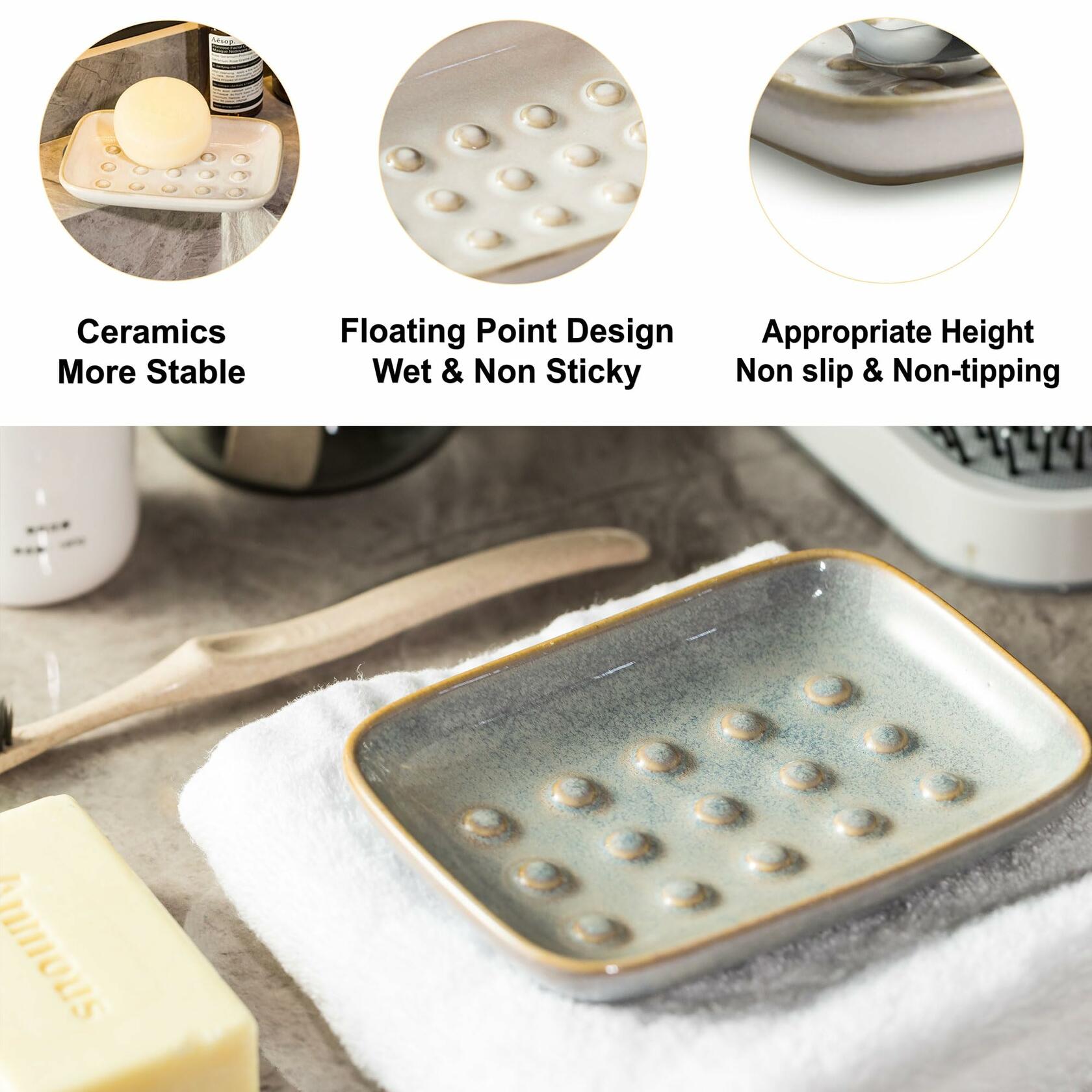 Miamolo Soap Dish for Shower, Ceramic Soap Dish Non-Slip Soap Holder Bar Saver
