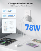 SUPERONE Retractable Charger with Dual USB Ports, 78W Retractable Wall Charger