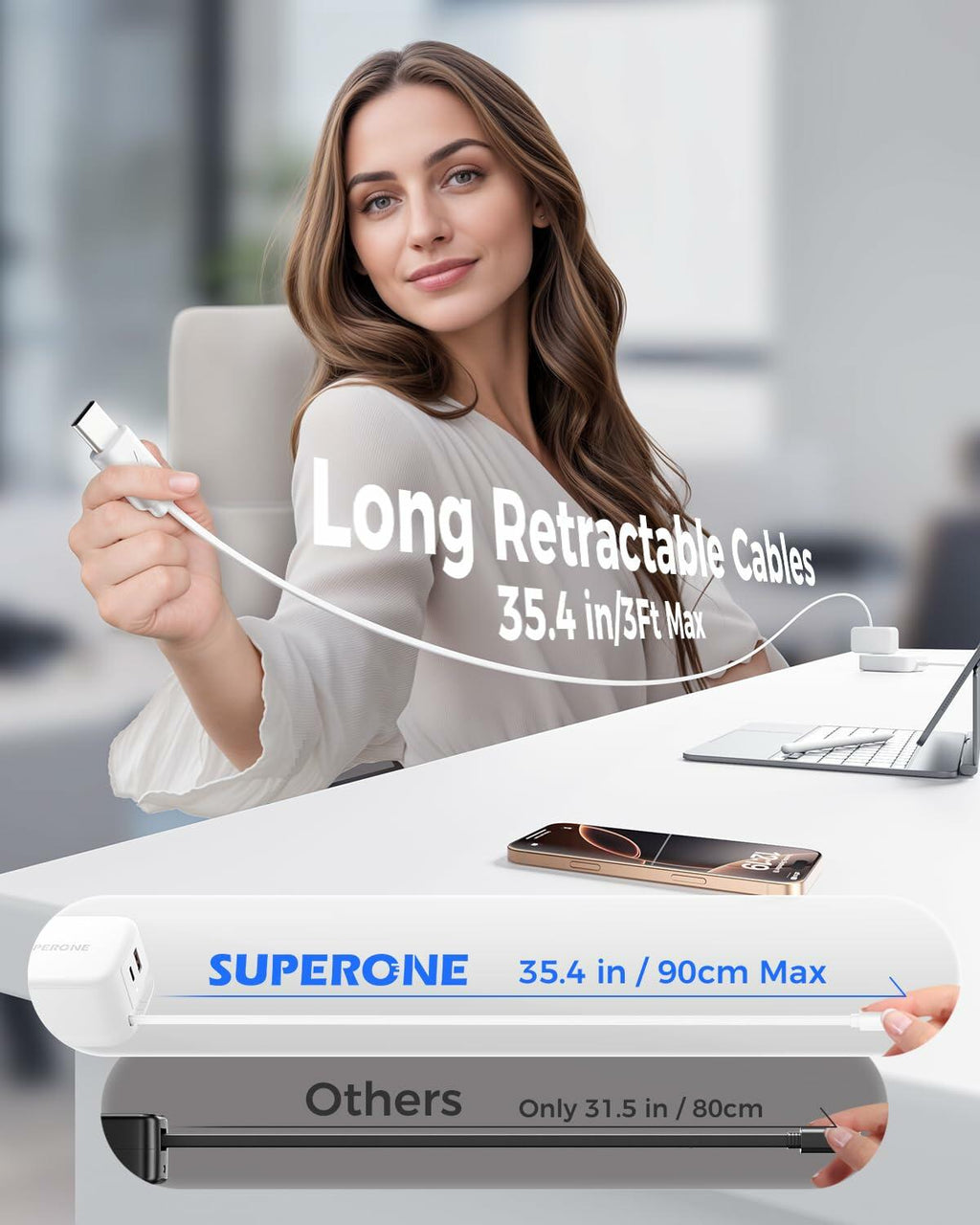 SUPERONE Retractable Charger with Dual USB Ports, 78W Retractable Wall Charger