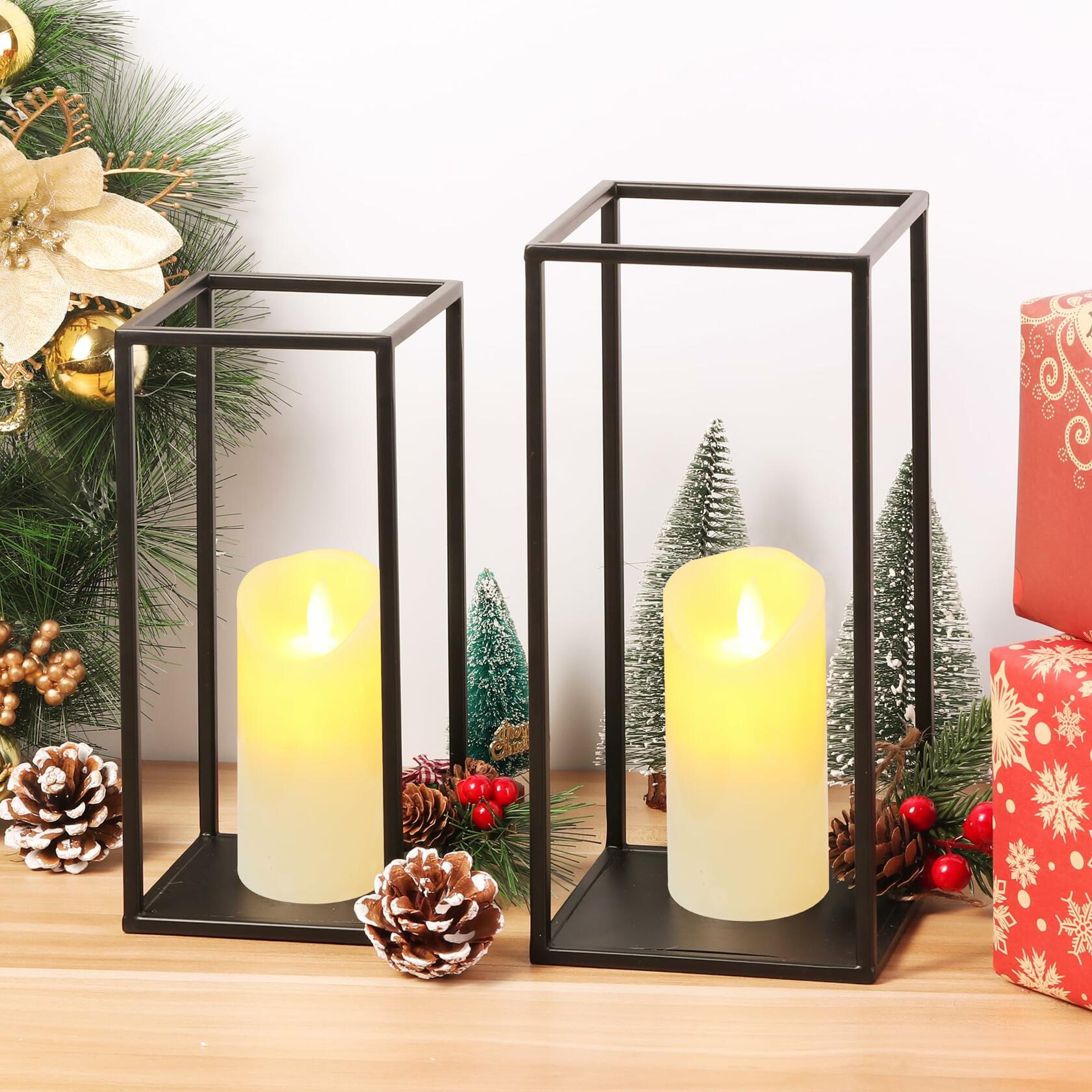2 Pack Eufrozy Lanterns Decorative Indoor Black Metal Lantern Candle Holder,