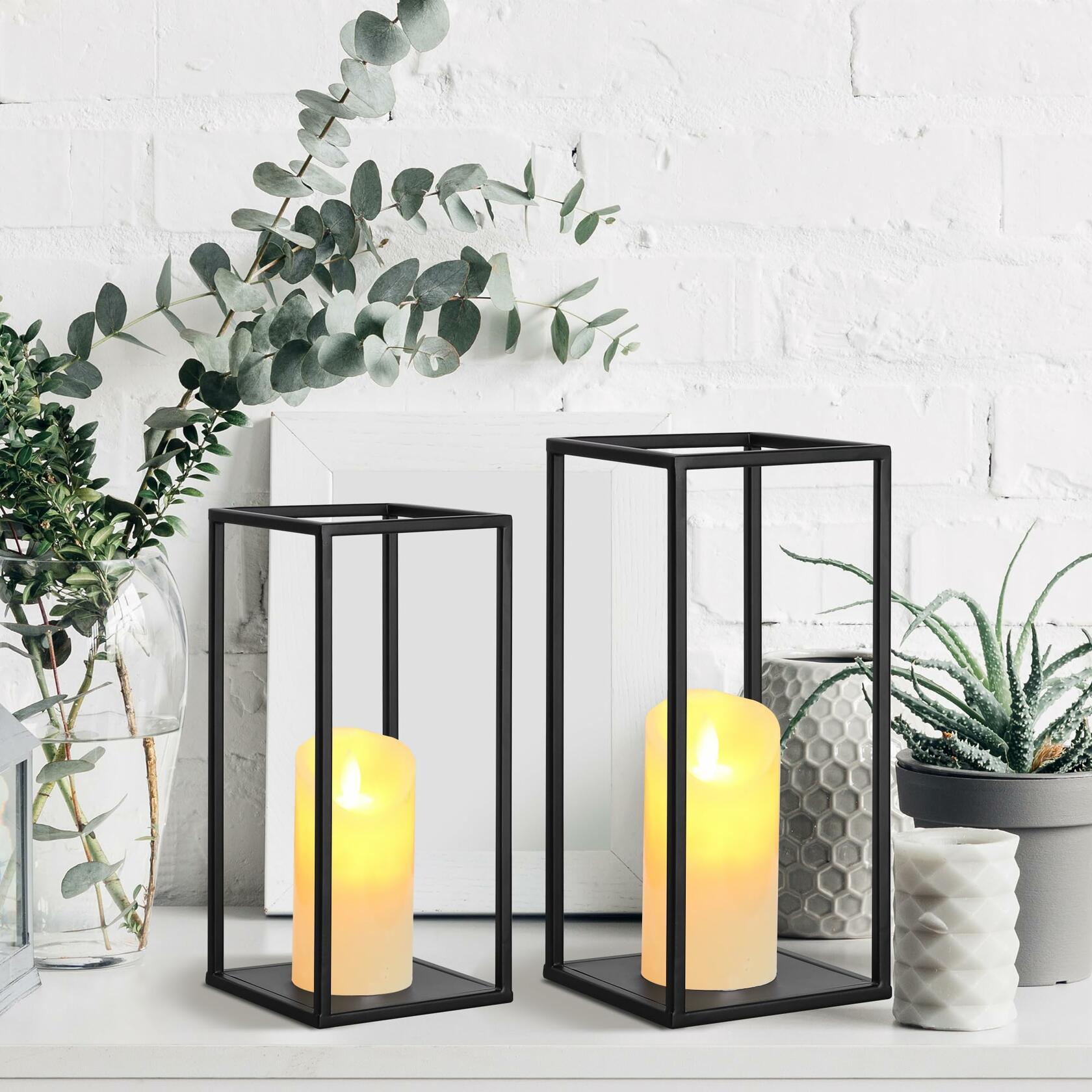 2 Pack Eufrozy Lanterns Decorative Indoor Black Metal Lantern Candle Holder,
