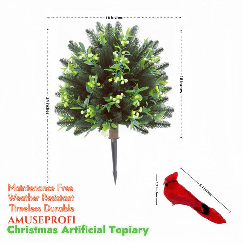 Set of 2 Artificial Christmas Urn Filler Topiary Tree with Cardinal Birds, Pine,