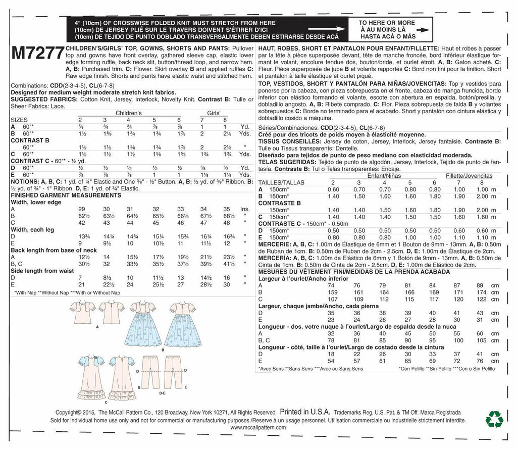 McCall's Patterns M7277 Children's/Girls' Top, Gowns, Shorts and Pants, Size CDD