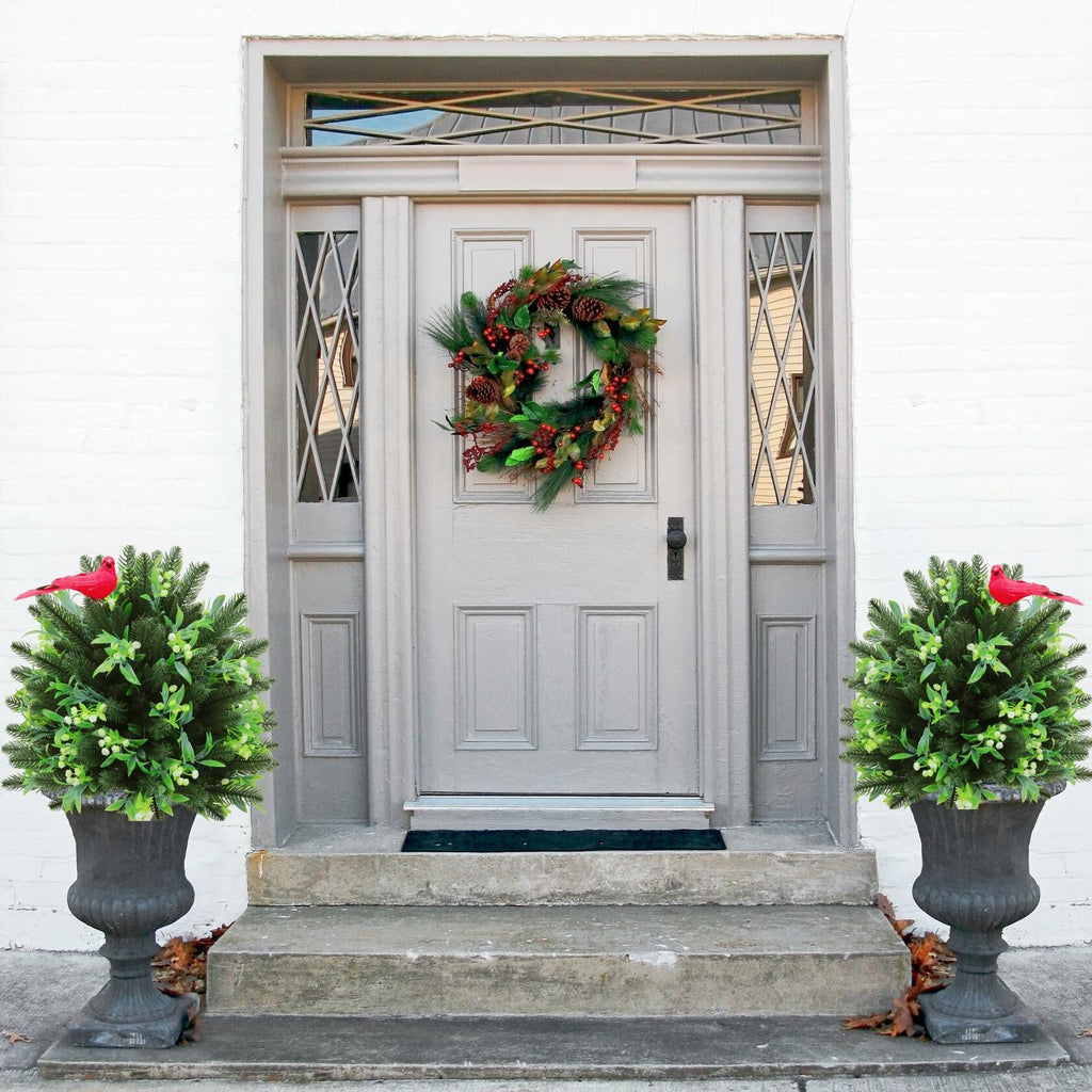 Set of 2 Artificial Christmas Urn Filler Topiary Tree with Cardinal Birds, Pine,