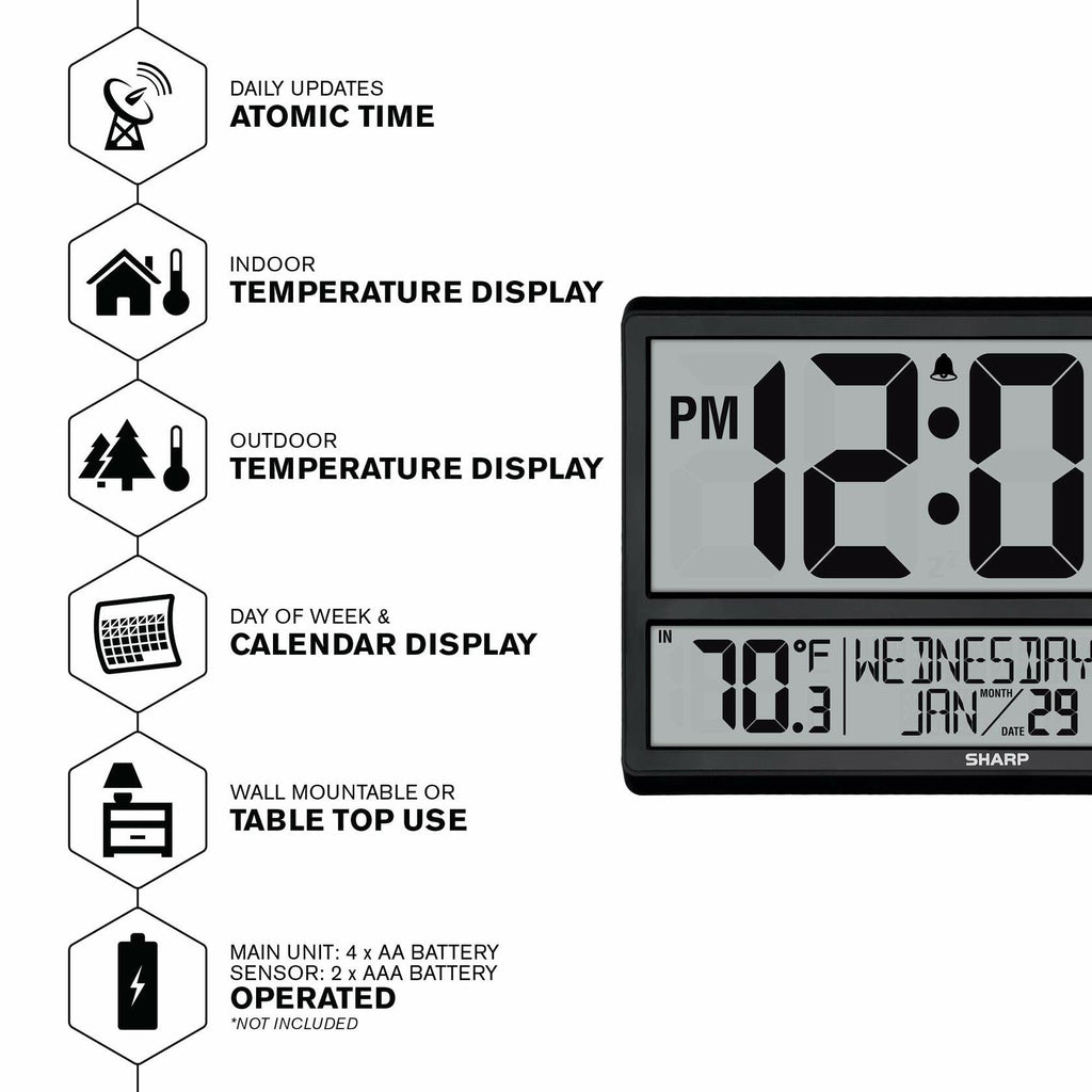 Sharp Atomic Clock - Never Needs Setting! –Easy to Read Numbers - Indoor/Outdoor