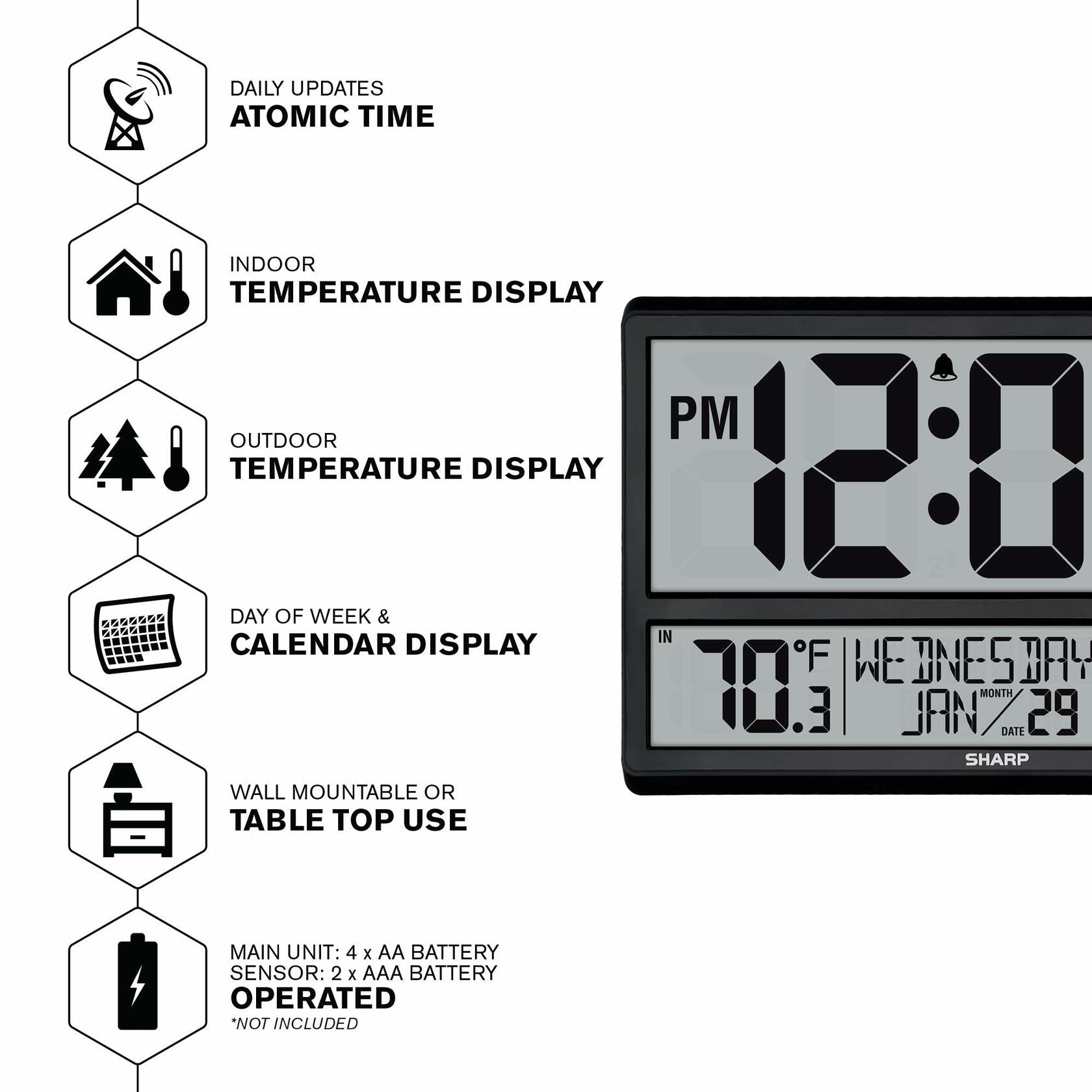 Sharp Atomic Clock - Never Needs Setting! –Easy to Read Numbers - Indoor/Outdoor