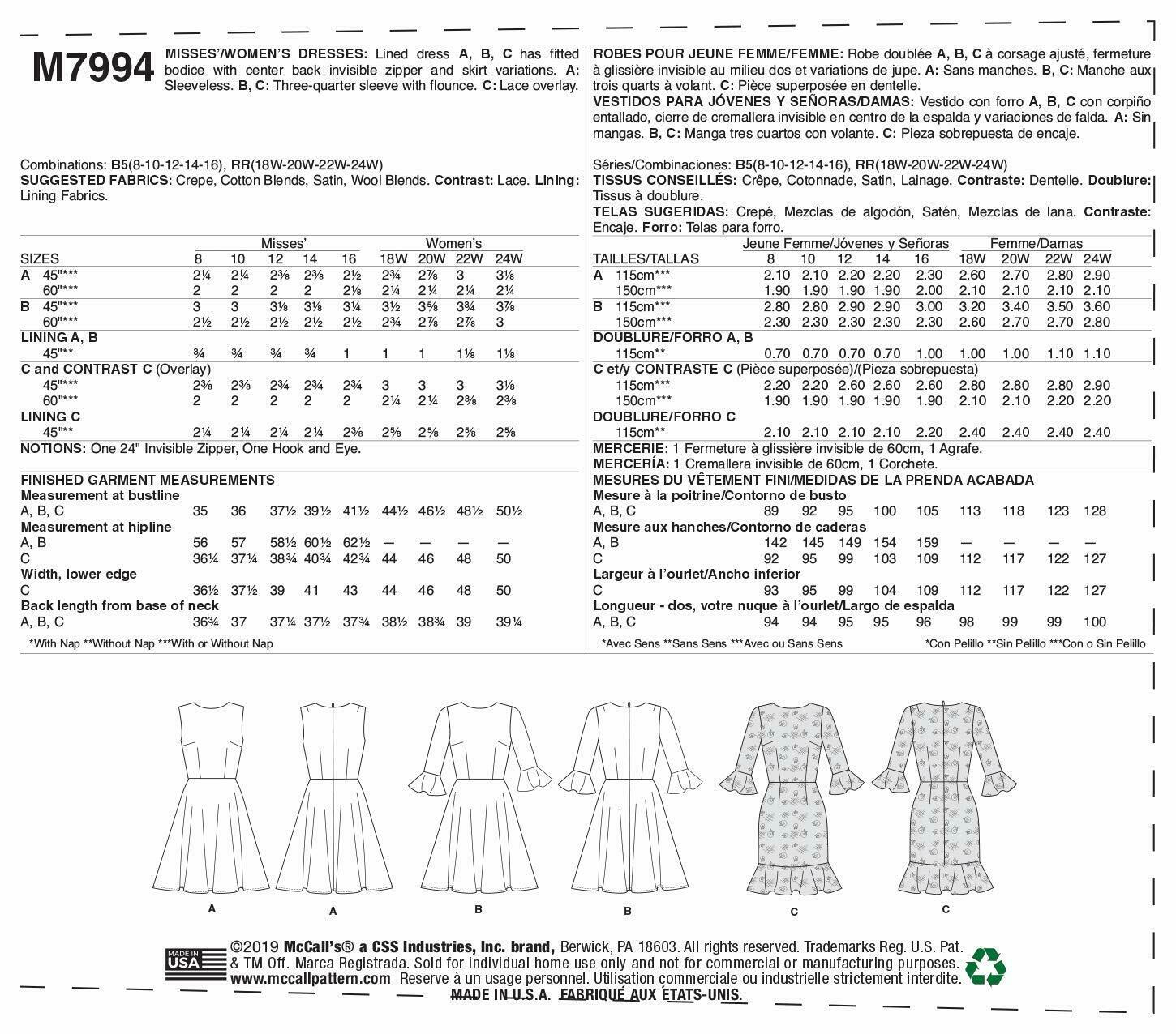 McCall Pattern 18W-20W-22, Various Colours