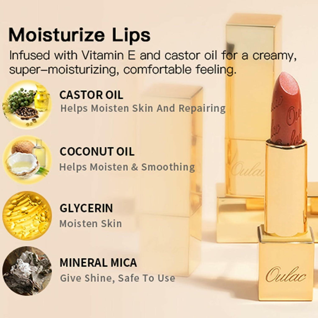 Oulac Matte Nude Peach Lipstick with Glow Metallic Finish - Vegan Lipstick for