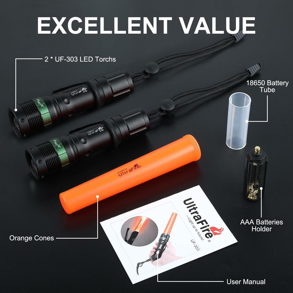 ULTRAFIRE 2pc 11-Inch Signal Traffic Wand Safty LED Flashlight 250 Lumen, Red